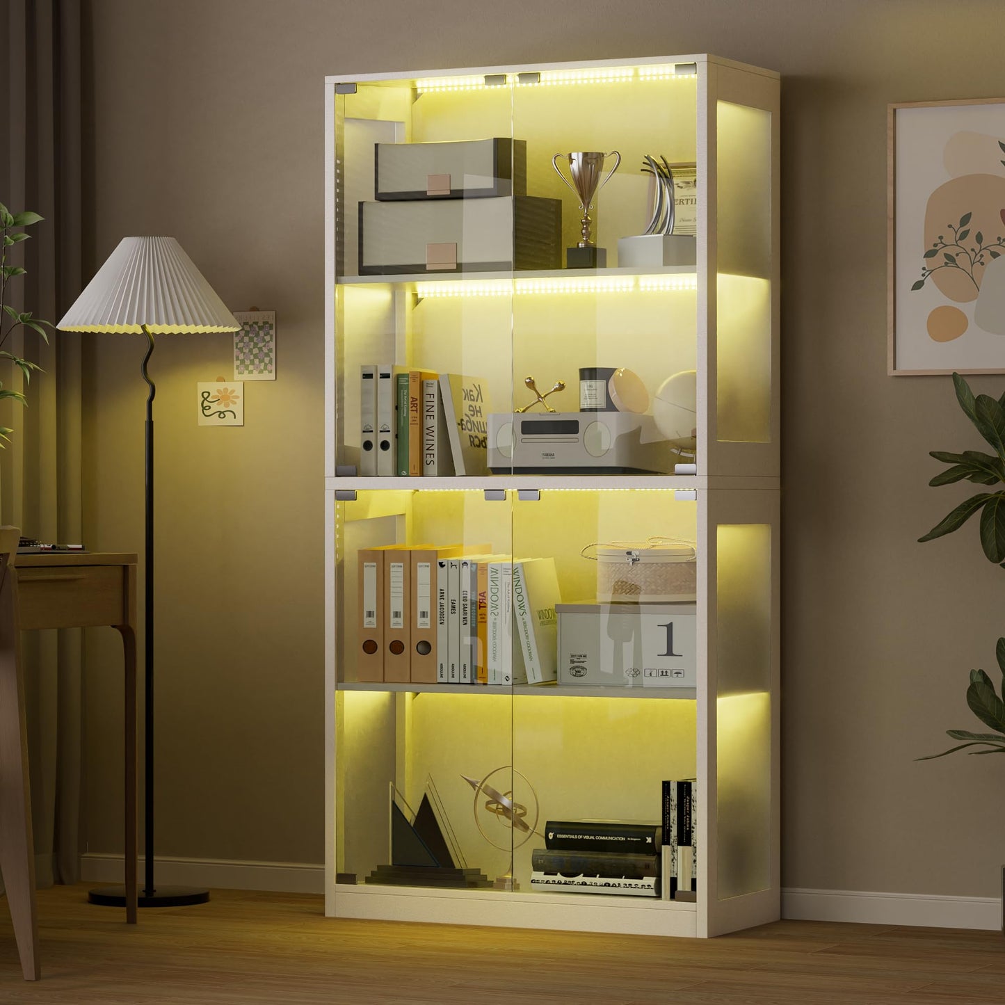 Grepatio Glass Display Cabinet, 4-Tier Display Cases for Collectibles, Curio Cabinet with 12 Color Lights, Display Shelf Bookcase Kids Toy Cabinets for Collectible, Living Room, Playroom (White)