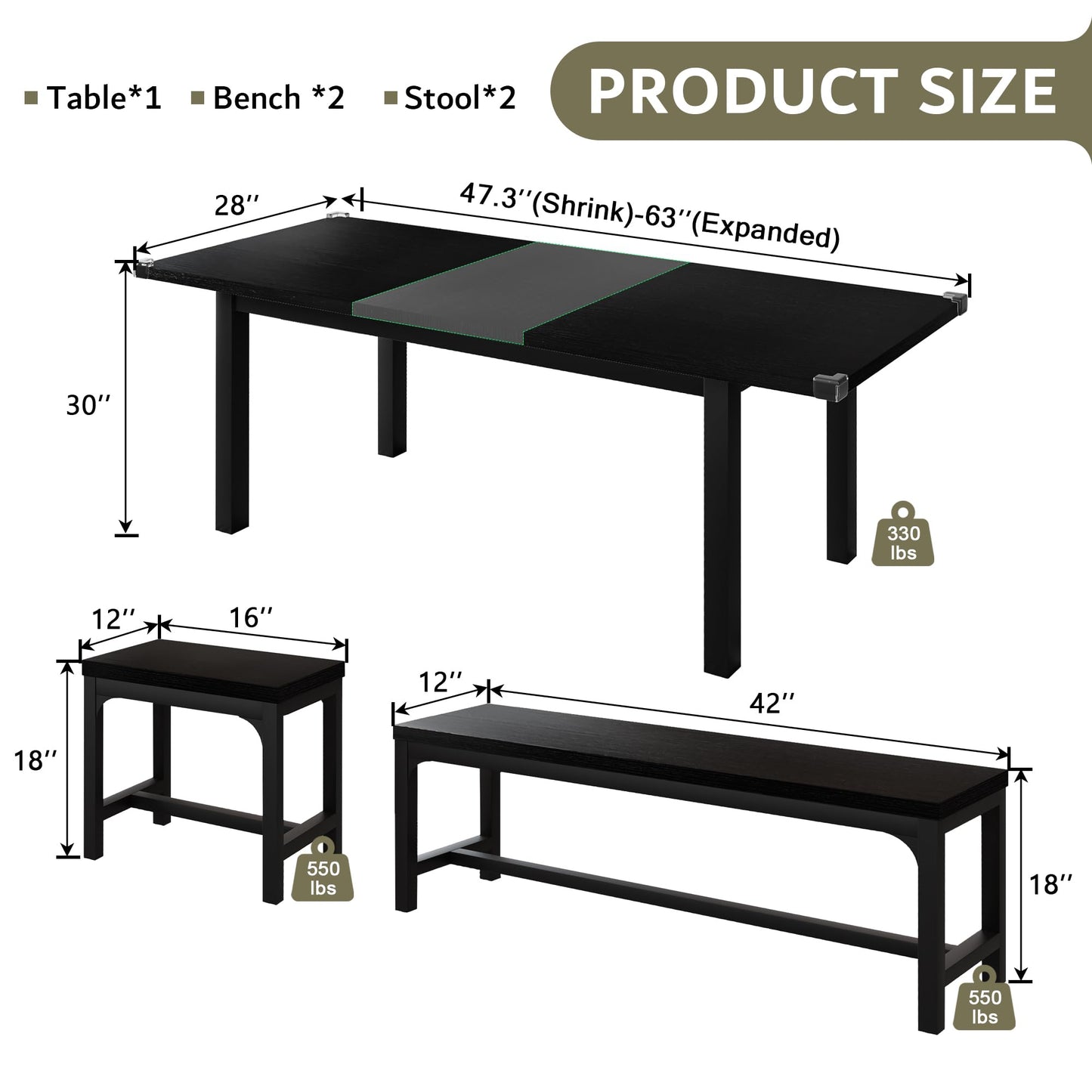 iPormis 5-Piece Dining Table Set for 4-8 People, Extendable Kitchen Table Set with 2 Benches and 2 Square Stools, Mid-Century Dining Room Table with Metal Frame & MDF Board, Saving Space, Black