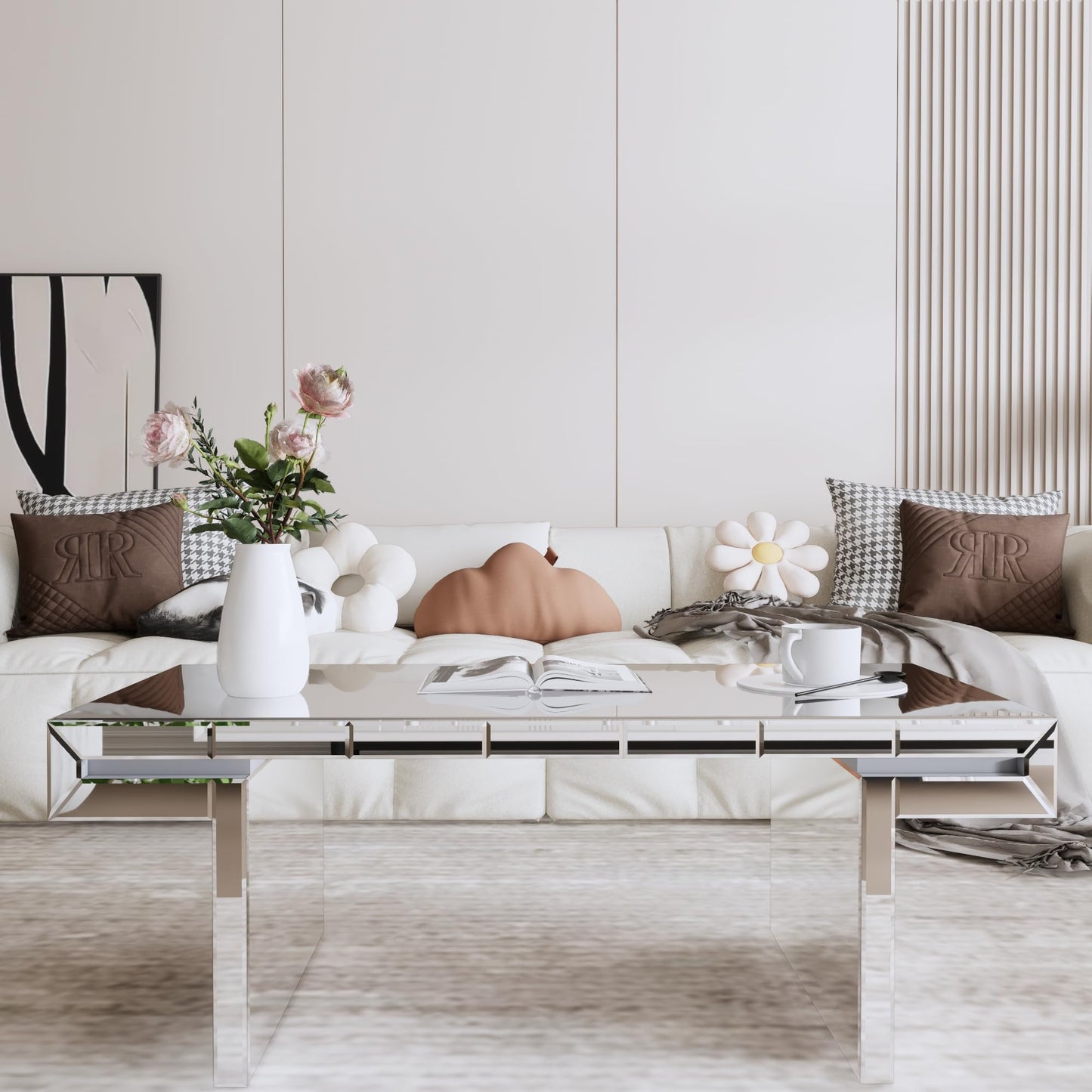 Silver Mirrored Coffee Table, 48" Rectangle Modern Coffee Table with Fluted Tempered Glass, Luxury Mirrored Center Table Accent Coacktail Tea Tables for Living Room Home Office