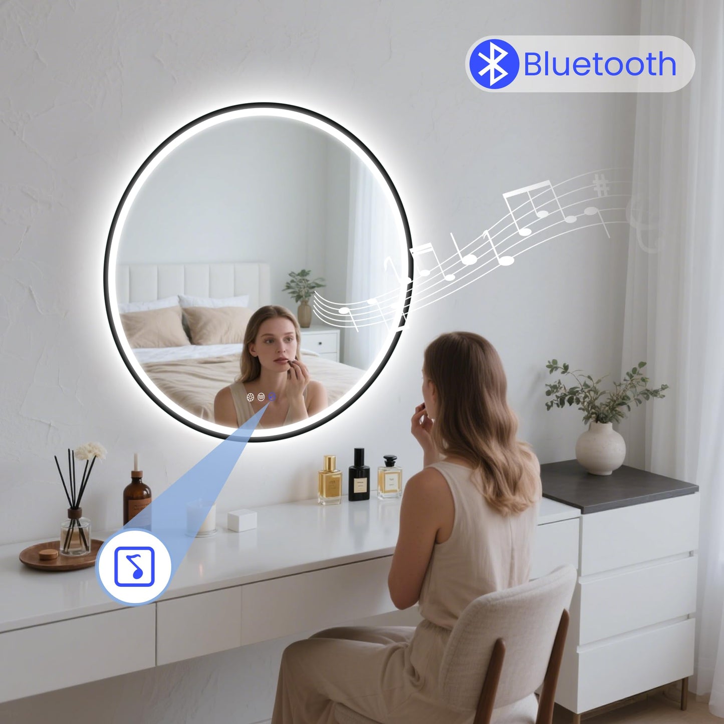 STARLEAD LED-Bathroom-Mirror-with-Lights, 24" Wall-Mounted with Bluetooth Speaker, Anti-Fog, 3 Color Temperature Dimmable Brightness, Waterproof, Frontlit & Backlit, Black Frameless Round