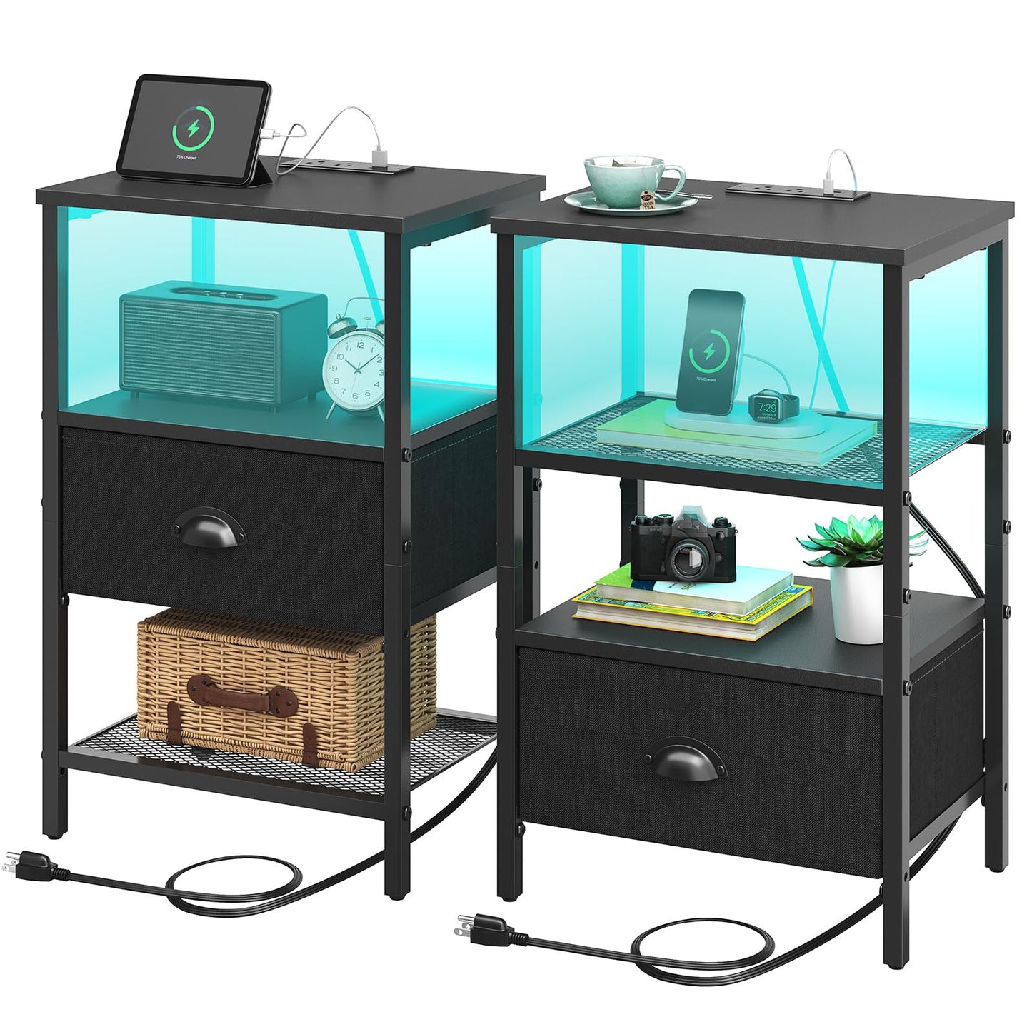 Sthmec Nightstands Set of 2, LED Bedside Tables with Charging Station and Fabric Drawer, Night Stand with Storage, 3 Tier Side Table with Open Shelf, LED Nightstand with Charging Station, Black