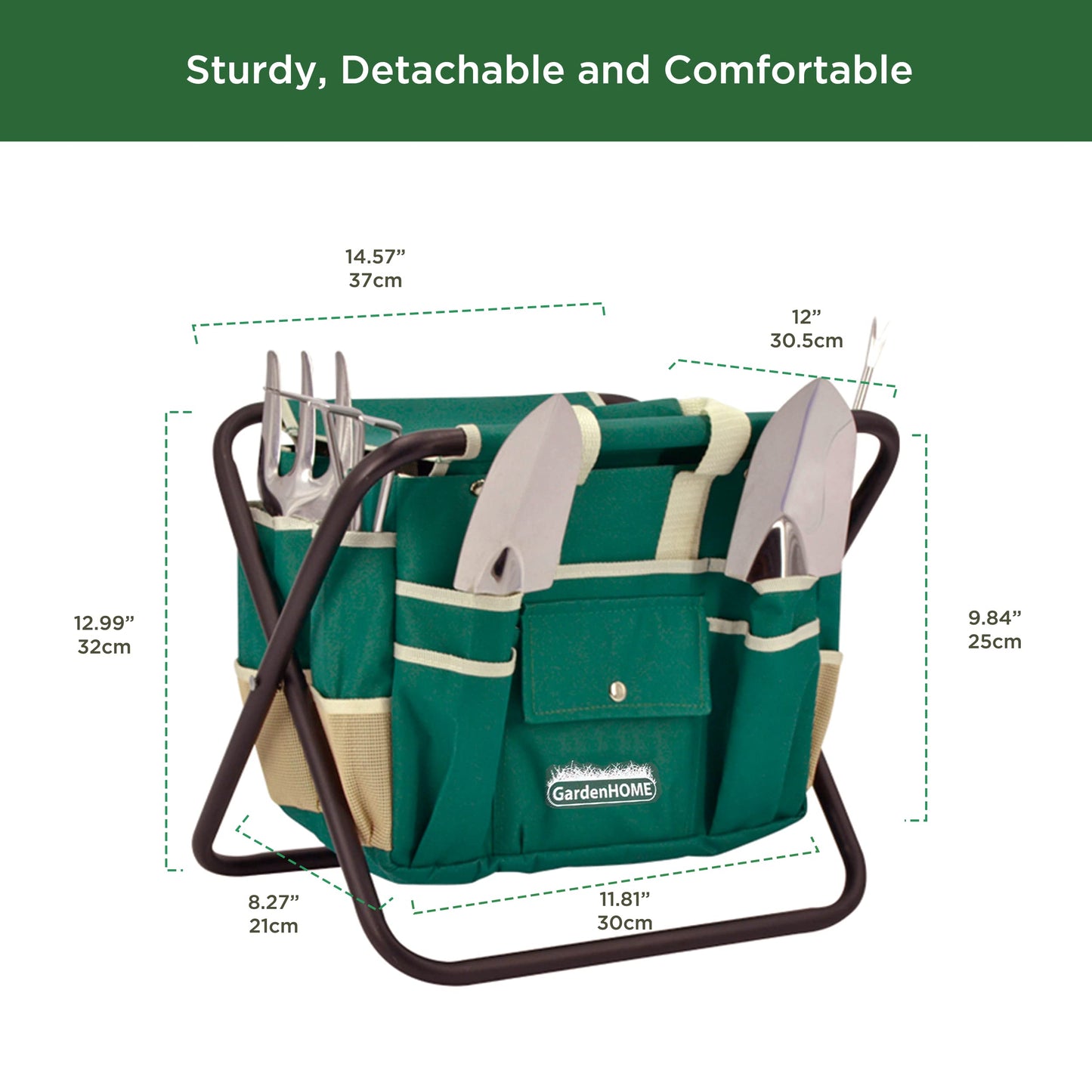 GardenHOME 7-Piece Gardening Tool Set – Stainless Steel Tools with Wooden Handles, Folding Stool, and Canvas Tote Bag, Green and White – Ideal for Gardeners, Men, and Enthusiasts