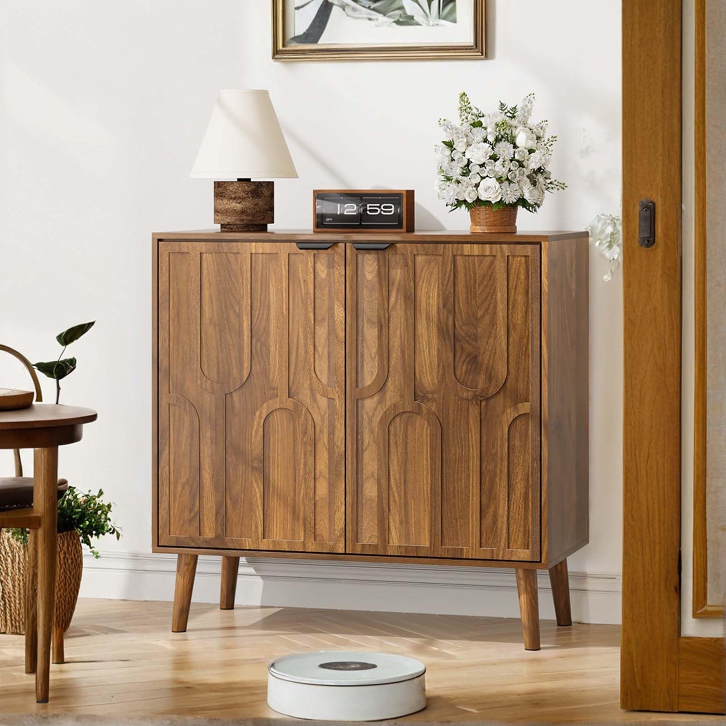 YMW Sideboard Buffet Cabinet, Mid Century Modern Storage Cabinet with Paper Clip Design Doors and Adjustable Shelves, Boho Style Wooden Buffet Cabinets for Hallway, Entry, Living Room, Walnut