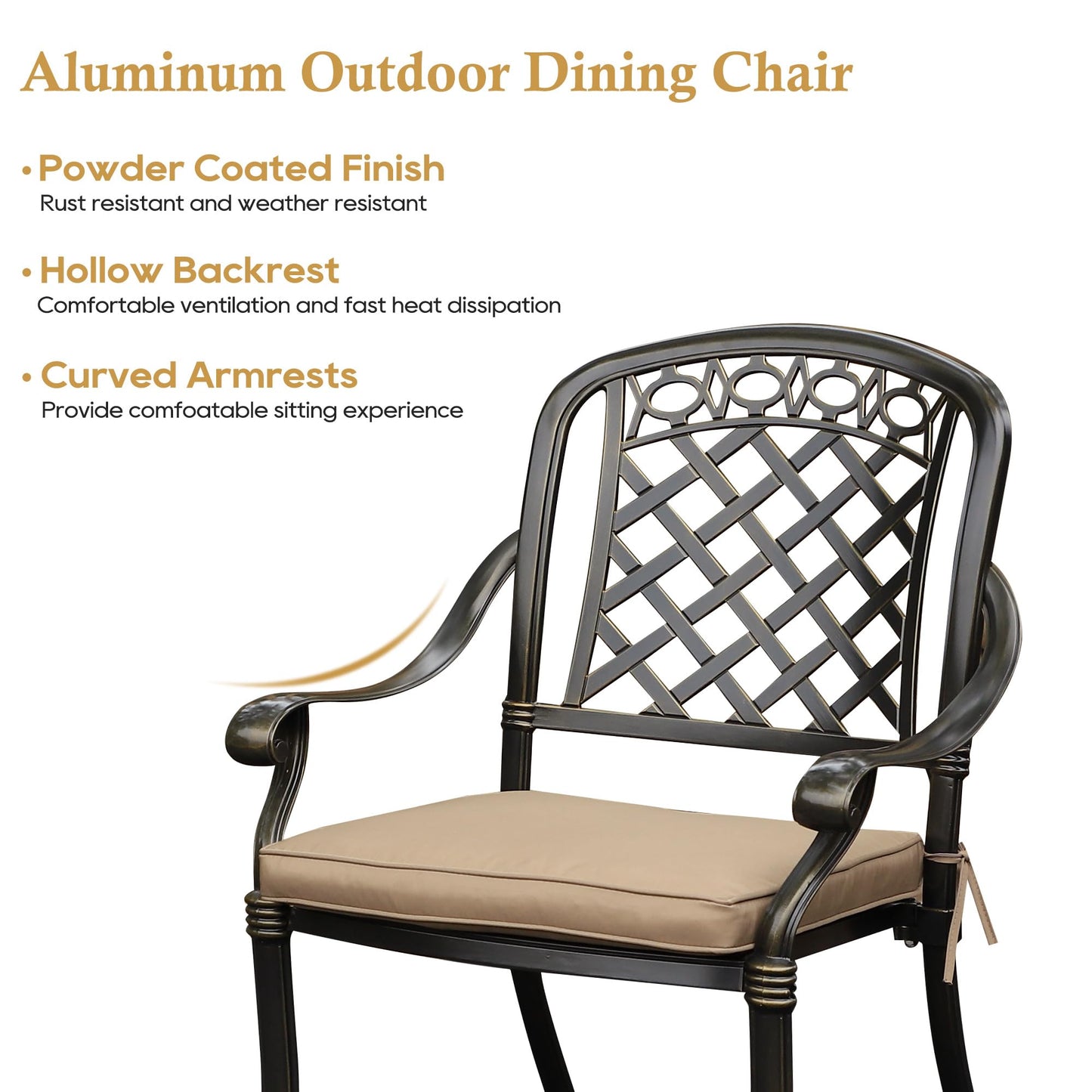 Sumshadow 2-PCS Cast Aluminum Patio Dining Chairs, All Weather Patio Bistro Dining Chairs Set of 2 with Armrests & Cushion, Stackable Patio Dining Chairs for Garden, Balcony, Deck, Bronze