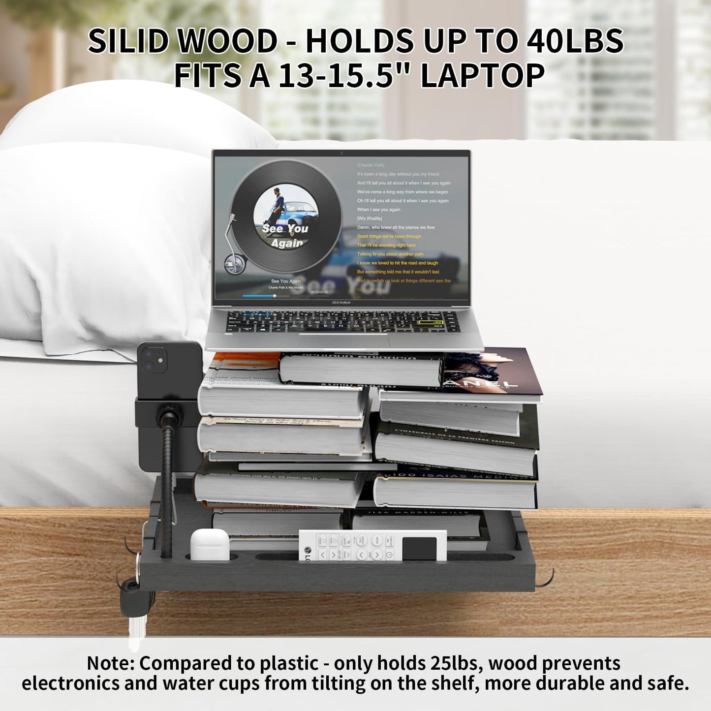 GRDNON Bedside Shelf with Phone Holder for Bed, ‎Bamboo Bed Shelf Organizer for Top Bunk, Clip on Nightstand for College Dorm Loft Bed, Bedside Tray for Kids, Built Earphones & Tablet Slot
