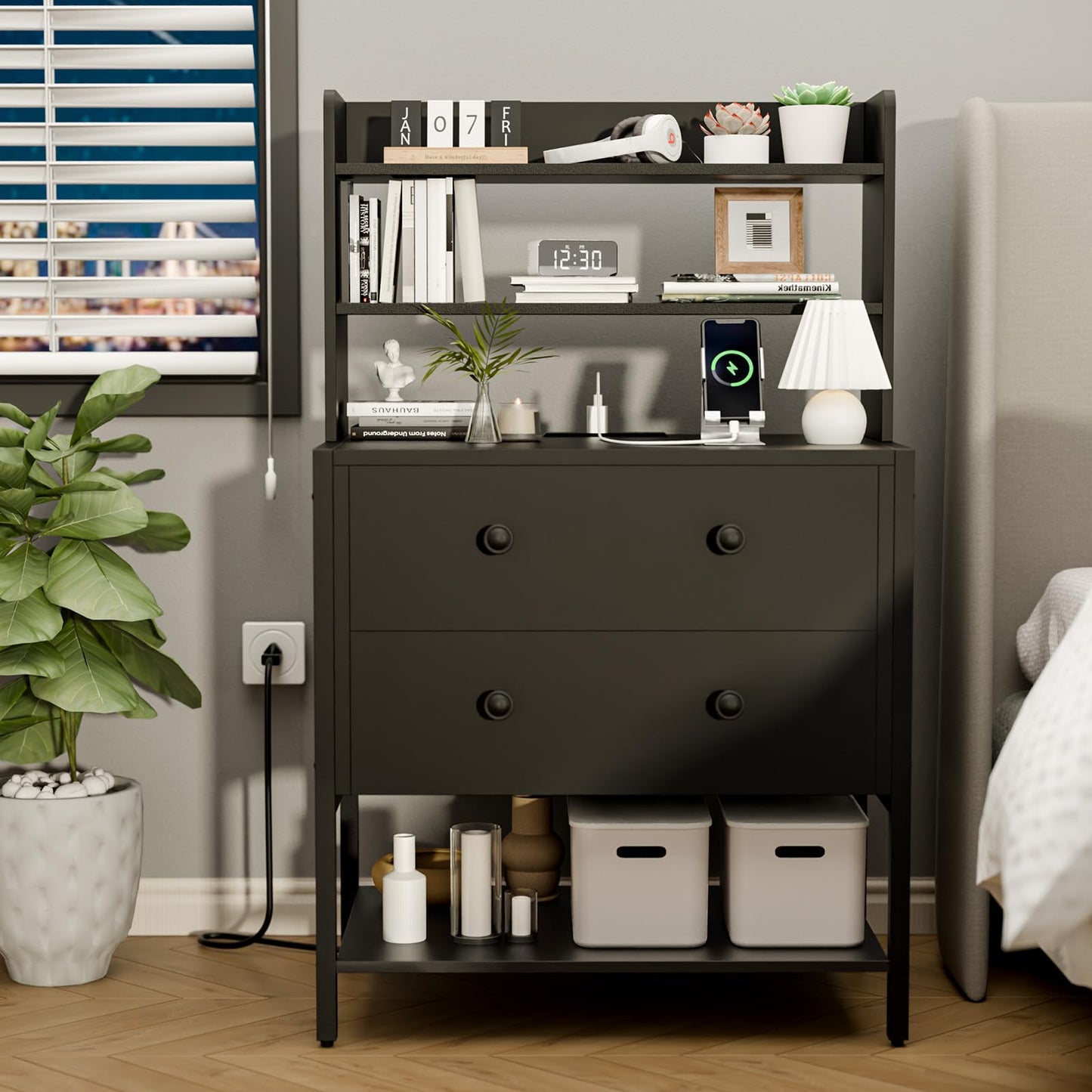 PATAVOT 24 Inch Wide Night Stand, Large Wooden Night Stand with 2 Adjustable Drawes, Tall Nightstand with 4-Tier Shelves and Charging Station, Bedside Table for Living Room/Bedroom/Office, Black.