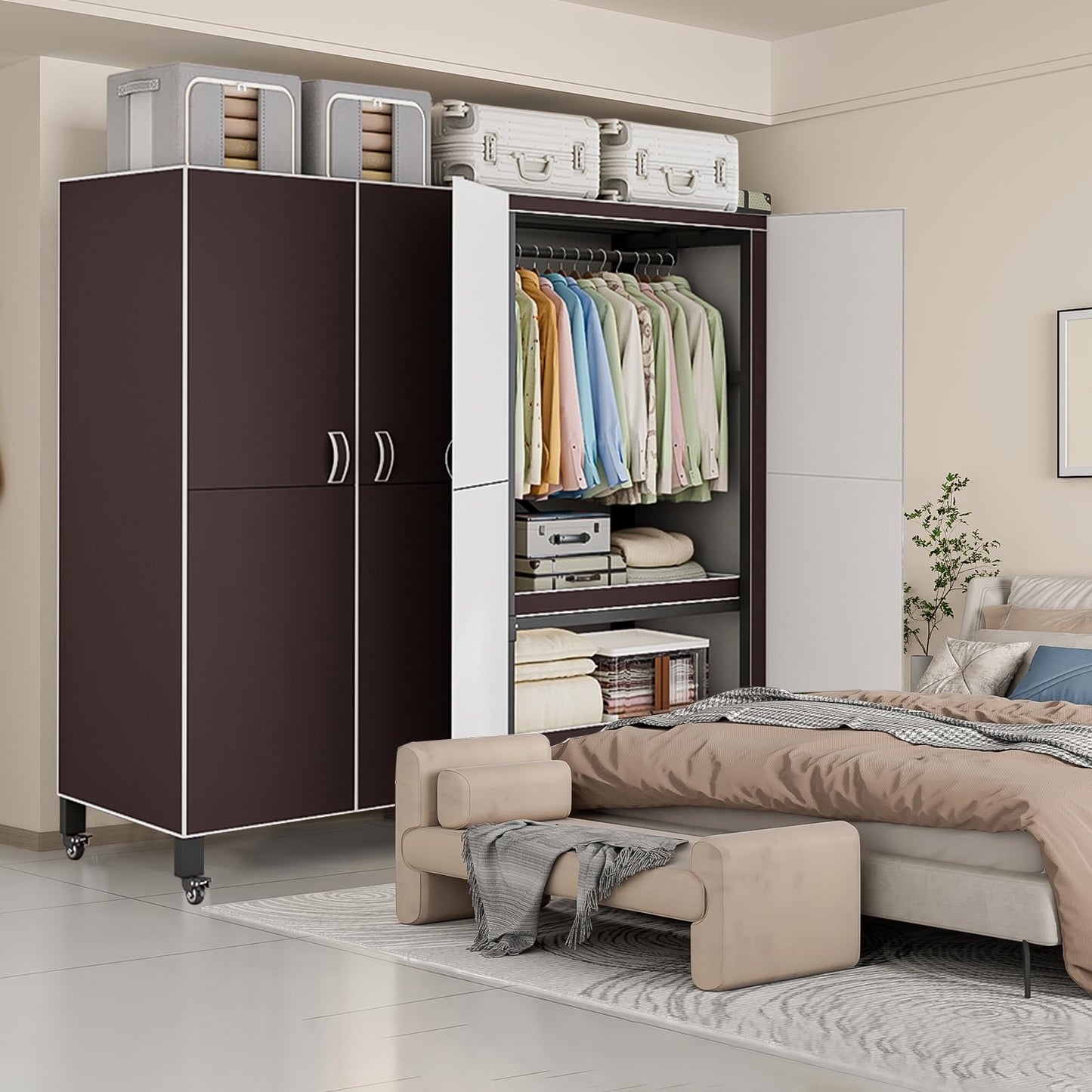 Heavy Duty Covered Clothes Rack with Magnetic Door 1500LBS Foldable Portable Wardrobe Closet for Hanging Clothing Rolling Black Metal Garment Rack on Wheels Closet System (Brown doors, 49.2in)