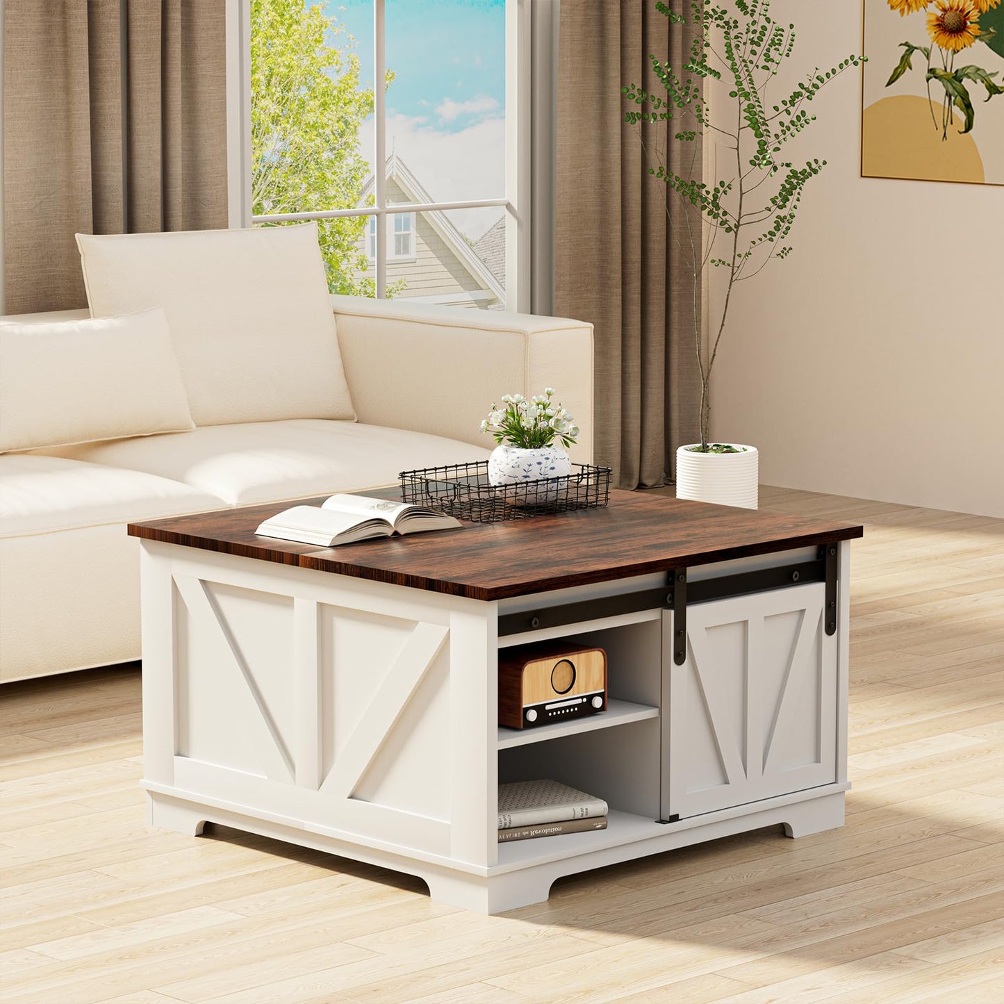 Loftiage 31.5” Lift Top Coffee Table with Hidden Storage, Farmhouse & Modern Square Coffee Table, Space Saving Center Table for Living Room, Home Office, Small Spaces