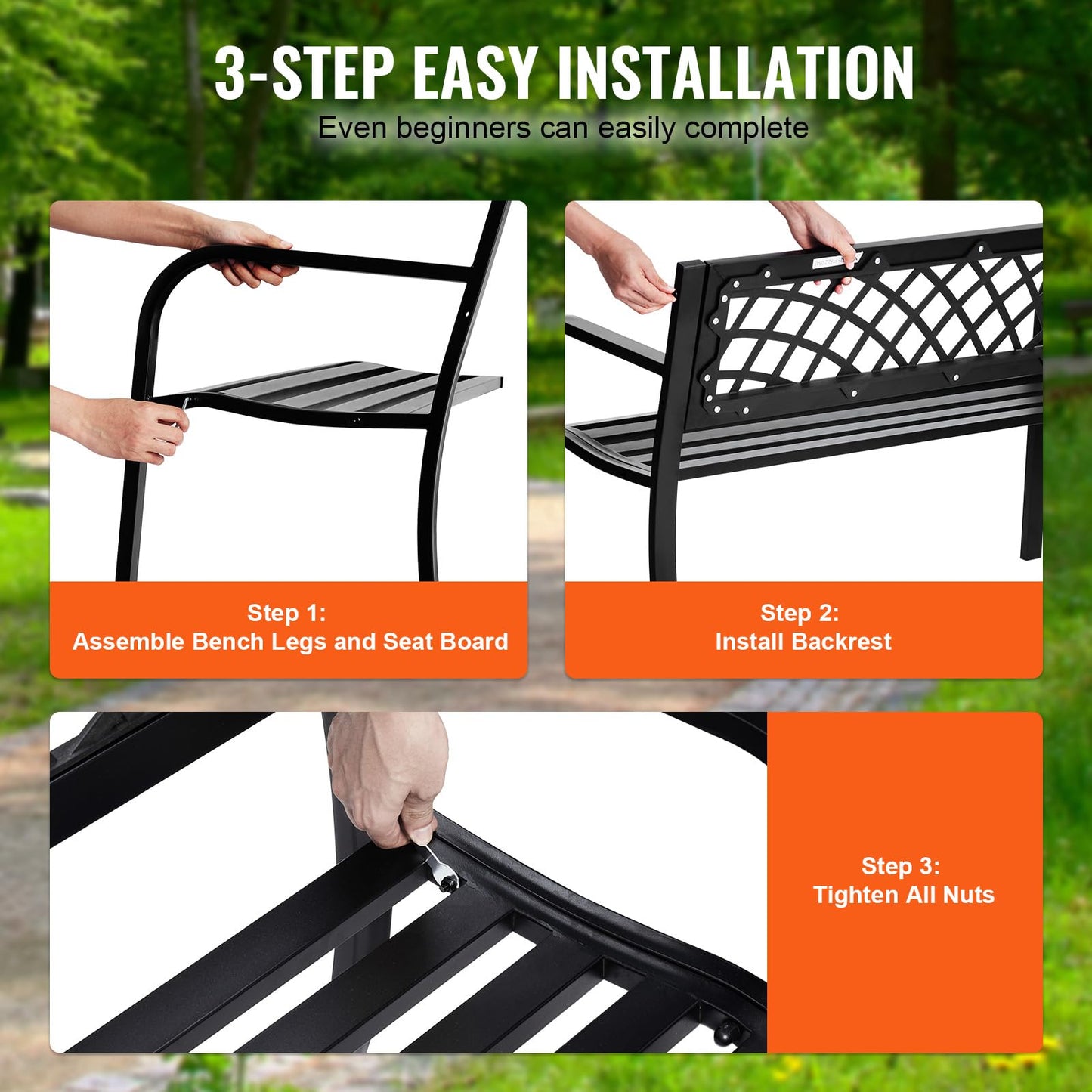 VEVOR Outdoor Bench, 46" Iron Steel Frame Garden Park Bench with Mesh Pattern and Plastic Backrest Armrests, Patio Bench for Garden, Park, Yard, Front Porch
