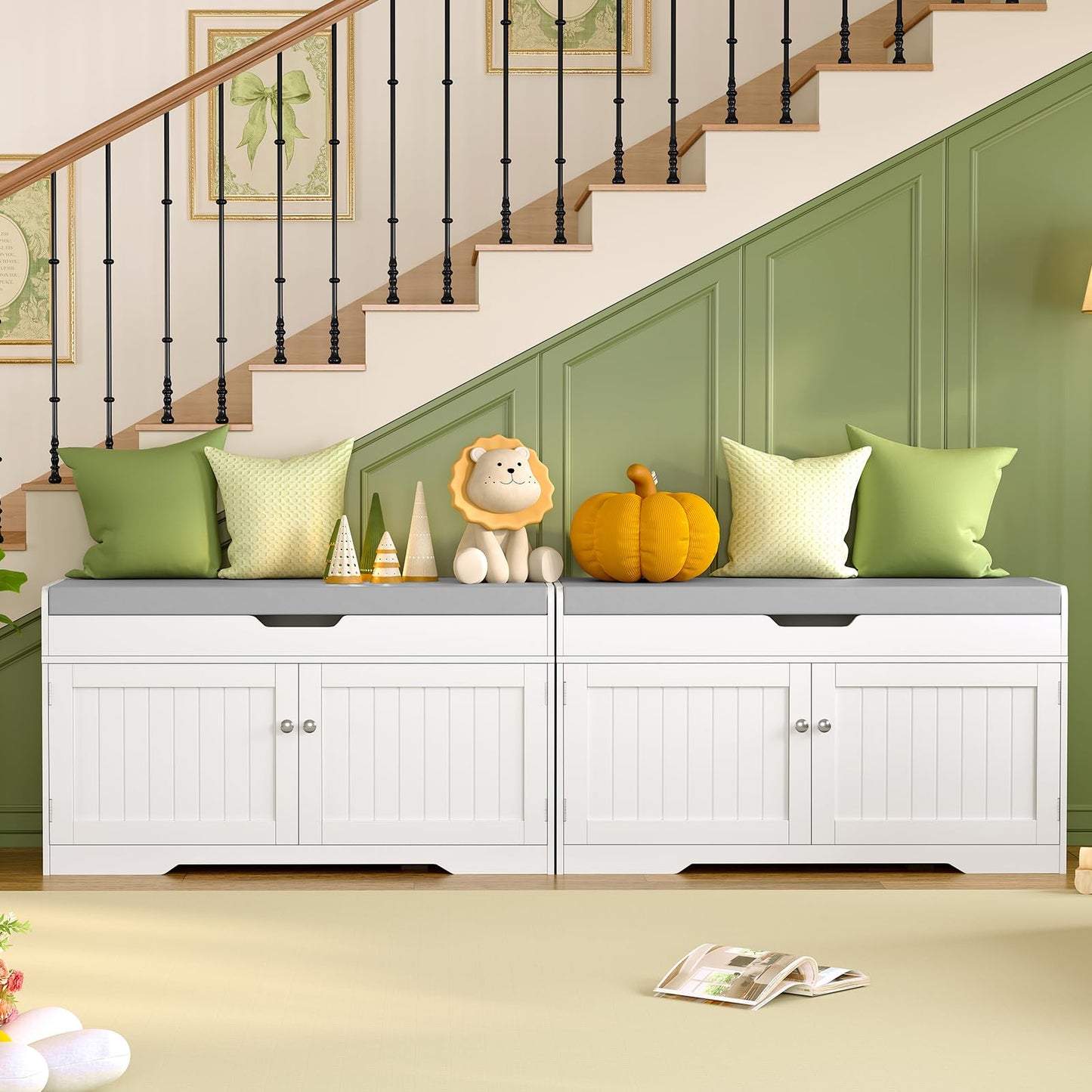 usikey Shoe Bench with Lift Top Storage, Entryway Bench with Padded Seat Cushion, Shoe Storage Bench with 2 Adjustable Shelves, for Entryway, Living Room, Bedroom, White