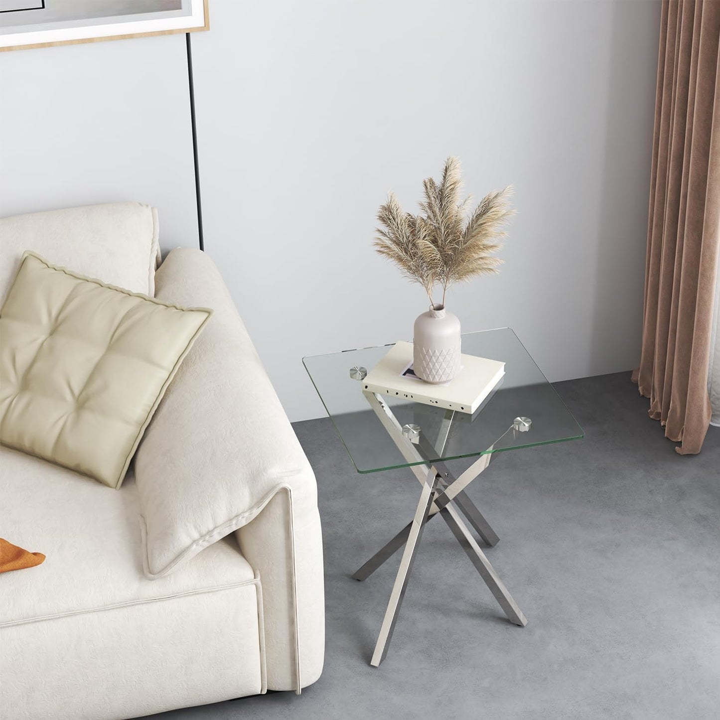 NIERN Small Side Coffee Table with Chromed Legs, Tempered Glass Square Modern End Table for Living Room Sofa Home Office (1, Silver, 19.68"×19.68"×21.65")