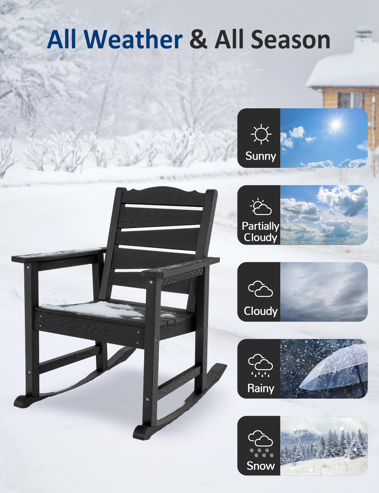 LAHAAP Weatherproof Patio Rocking Chair, HIPS Outdoor Rocking Chair for Adults, 400LBS Support Heavy Duty Porch Rocking Chairs for Garden, Lawn, Backyard, Outdoor and Indoor (Black)