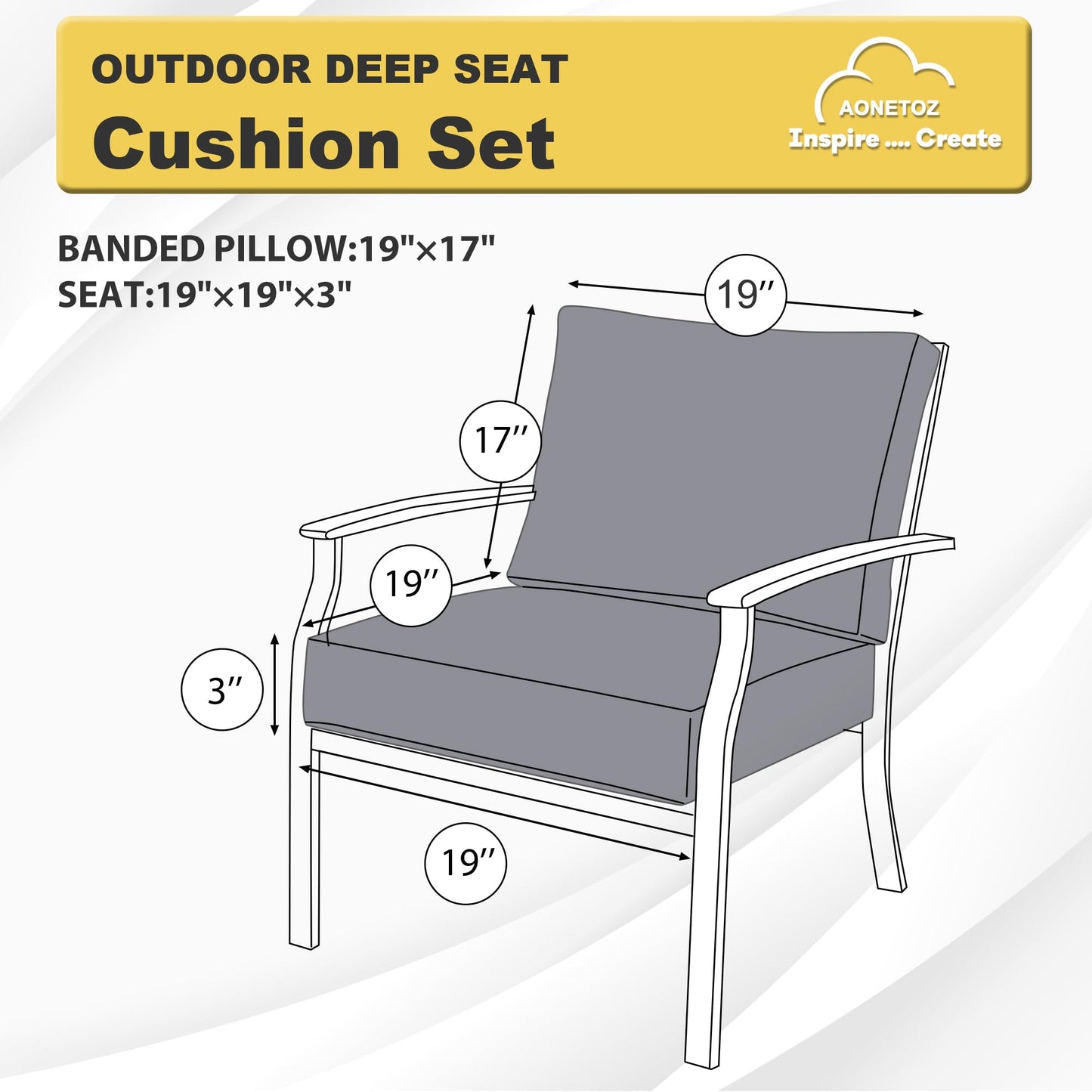 AONETOZ Deep Seat Patio Cushions Set 19 x 19 Inch,Olefin Fabric Outdoor Seat Cushion,Patio Furniture Cushions with Removable Cover,Rain-Proof and Fade Resistant Deep Seat Bottom & Back Cushion,1set