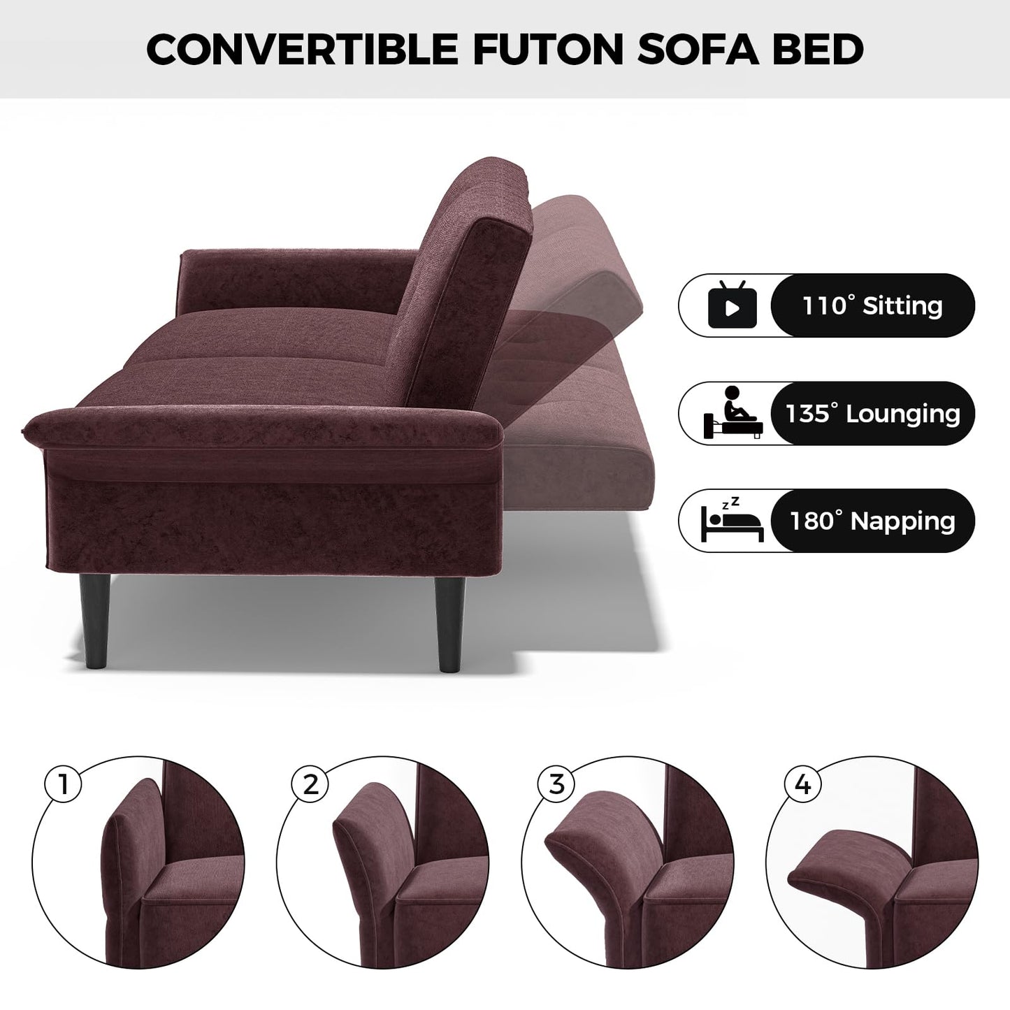 COPIAE 89” Futon Sofa Bed, Velvet Fabric Comfy Futon Couch Bed with 2 Square Pillows, Convertible Sleeper Sofa with Adjustable Backrest& Armrests, Modern Loveseat Sleeper for Living Room, Burgundy