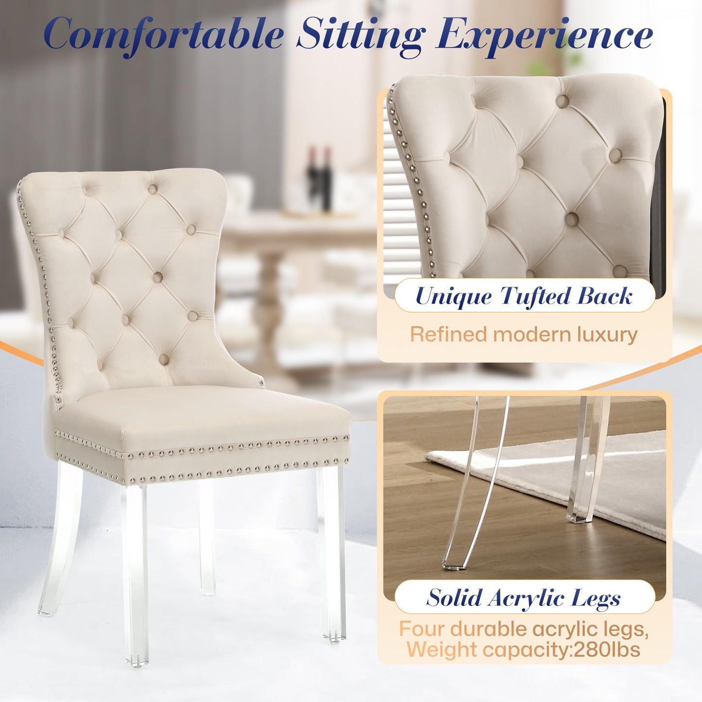 KCC Velvet Dining Chairs Set of 4, Upholstered Tufted Wingback Dining Room Chair with Nailhead Back Ring Pull Trim Solid Acrylic Legs, Contemporary Nikki Collection Style for Kitchen, Beige