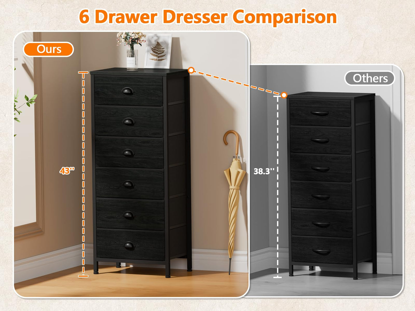 Furnulem Tall Dresser with 6 Drawers,Vertical Bedside End Table & Chest for Bedroom,Black Storage Tower Dorm Nightstand with Fabric Drawer Organizer Unit Furniture in Living Room,Closet,Hallyway