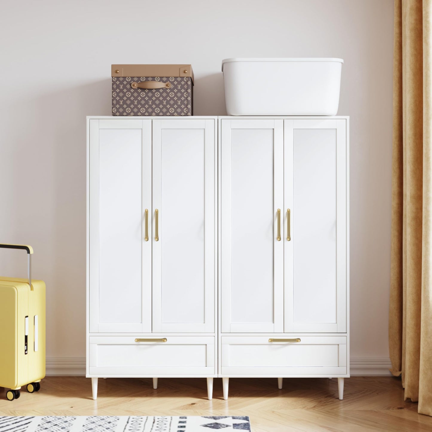 ALBSL Bedroom Armoire Wardrobe Closet with Hanging Rod,60" 2 Door Almirah for Clothes with Drawers,Morden Storage Cabinet,White