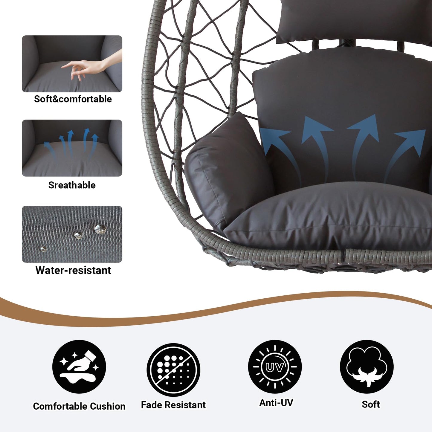JOINFUN Egg Chair with Stand, Patio Wicker Hanging Swing Egg Chair Thickened, Galvanized Pipe Steel Frame and UV Resistant Cushion for Bedroom Garden Indoor Outdoor, 350LBS Capacity (Drak Grey)