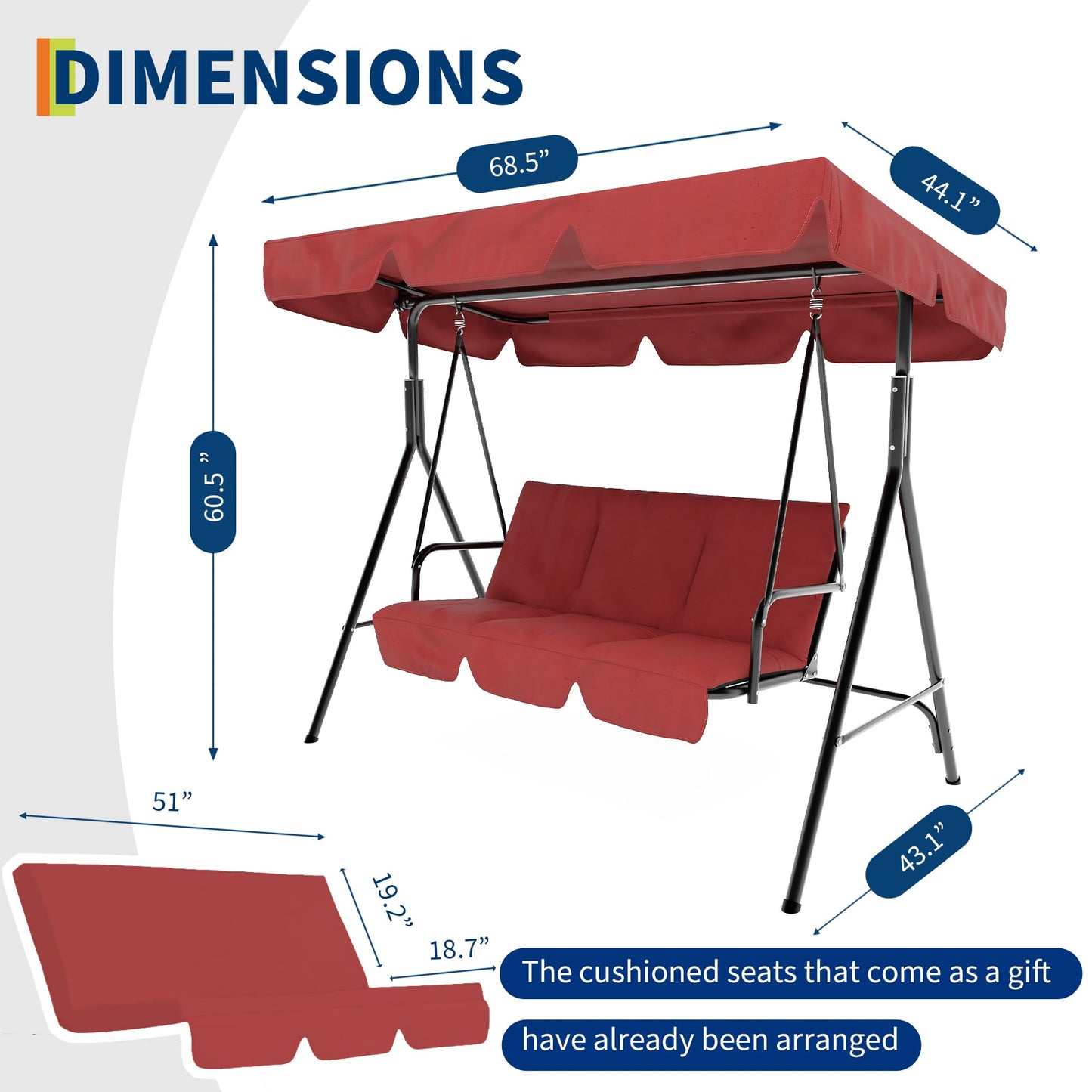 Outdoor Swing Chair with Adjustable Canopy, 3-Person Outdoor Patio SwingChair with Adjustable Tilt Shade, Porch Swing 3 Seater with Canopy