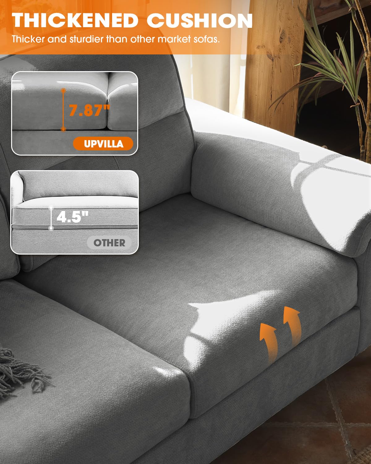 88.97" Modern Sofa Couches for Living Room, Deep Seat Sofas with 8”Cushion, Comfy 2-Seater Chenille Loveseat with Convertible Armrest, Removable Sofa Cover, High Leg(Light Gray)