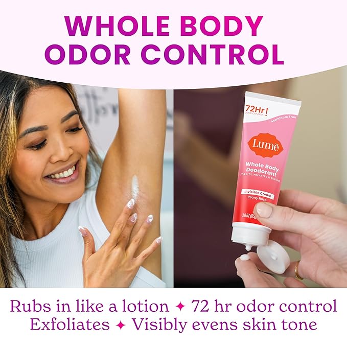 Lume Whole Body Deodorant - Invisible Cream and Solid - 72 Hour Odor Control - Aluminum Free, Baking Soda Free, Skin Safe - 3.0 Ounce Cream and 2.6 Ounce Solid Bundle (Peony Rose)