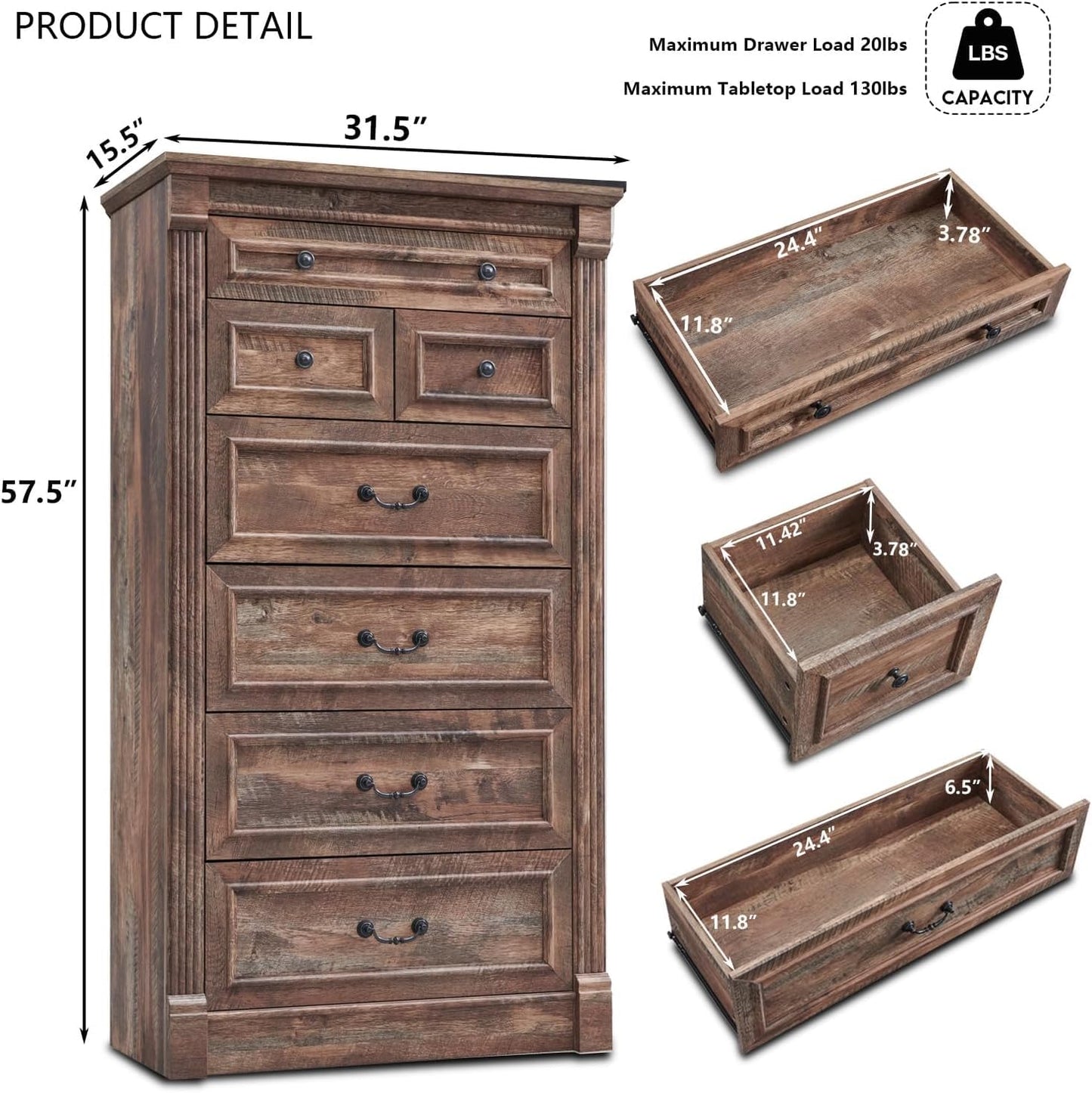 Aitjunz Farmhouse 7 Drawers Dresser for Bedroom, 57" Tall Large Dressers & Chests of Drawers w/Roman Column, Storage Dressers Organizer for Bedroom, Hallway, Living Room, Light Brown