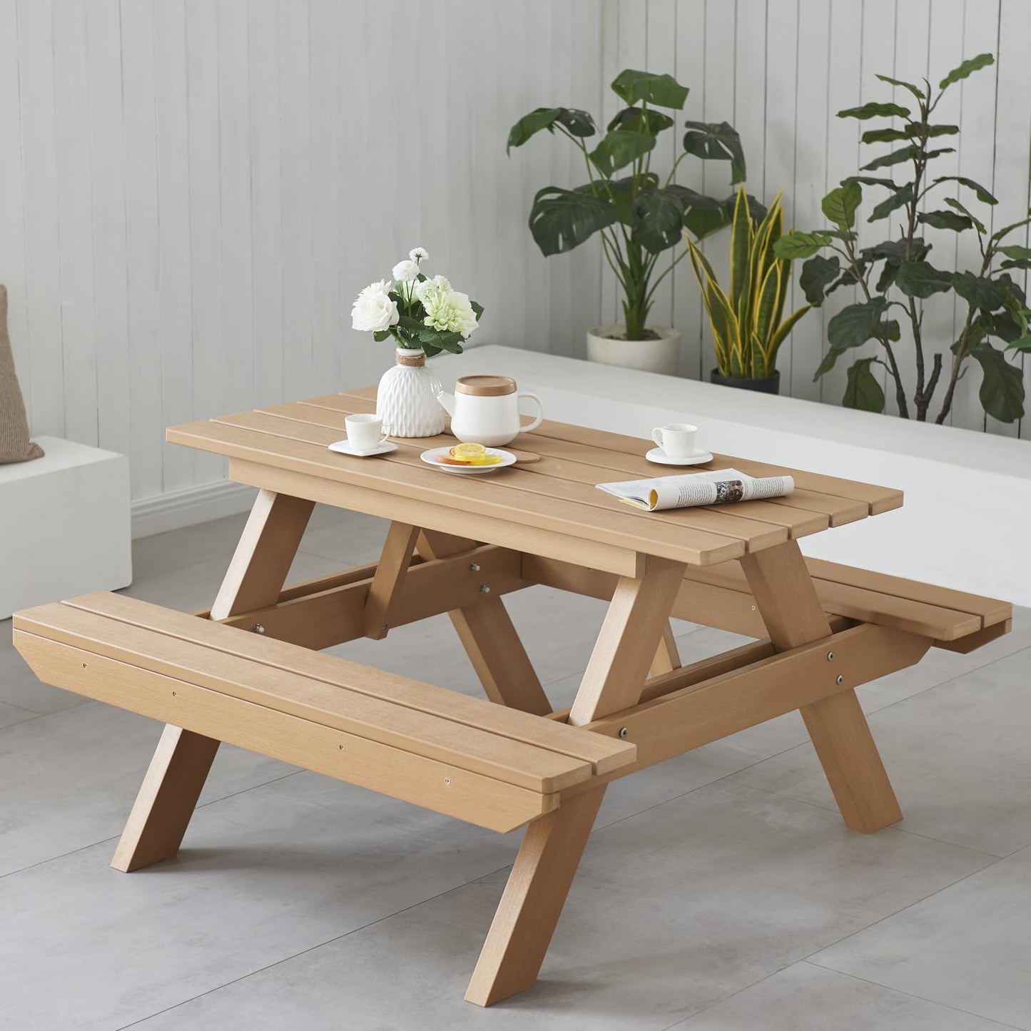 Psilvam Picnic Table - Heavy Duty Poly Lumber with Umbrella Hole & Integrated Benches, 100% Waterproof All-Weather for Patio, Garden (Teak Color)