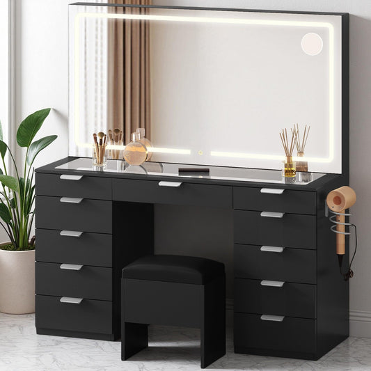 DWVO Makeup Vanity Desk for Dressing Room, Vanity Mirror with Lights & Charging Station, Dressing Table, Vanity Stool