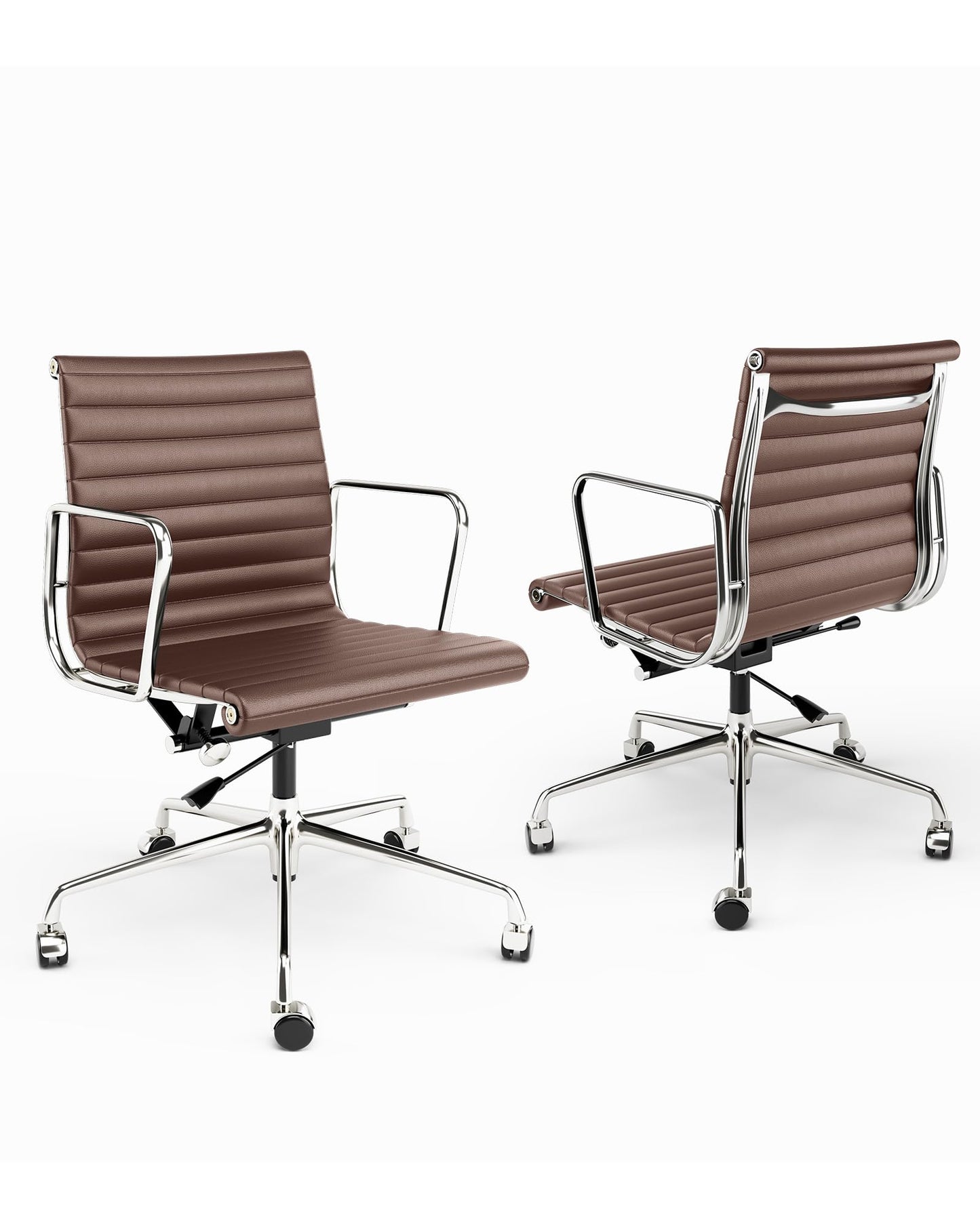 OTDMEL Ribbed Office Chair with Genuine Leather Contact Surfaces - Mid Back Ergonomic Desk Chair with Aluminum Arm Rest and 5-Star Base, Faux Leather Accents & Back Side, Swivel Chair Brown