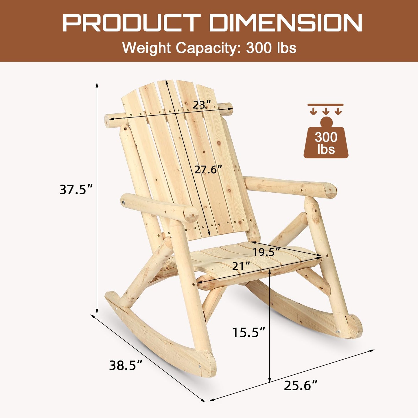 HOMEDIARY Wooden Adirondack Rocking Chair, Patio Log Rocker Outdoor Lounge Chair with Slatted Wooden Design, High Fanned Back & Classic Rustic Style for Garden Patio Backyard Porch (Set of 2, Natural)