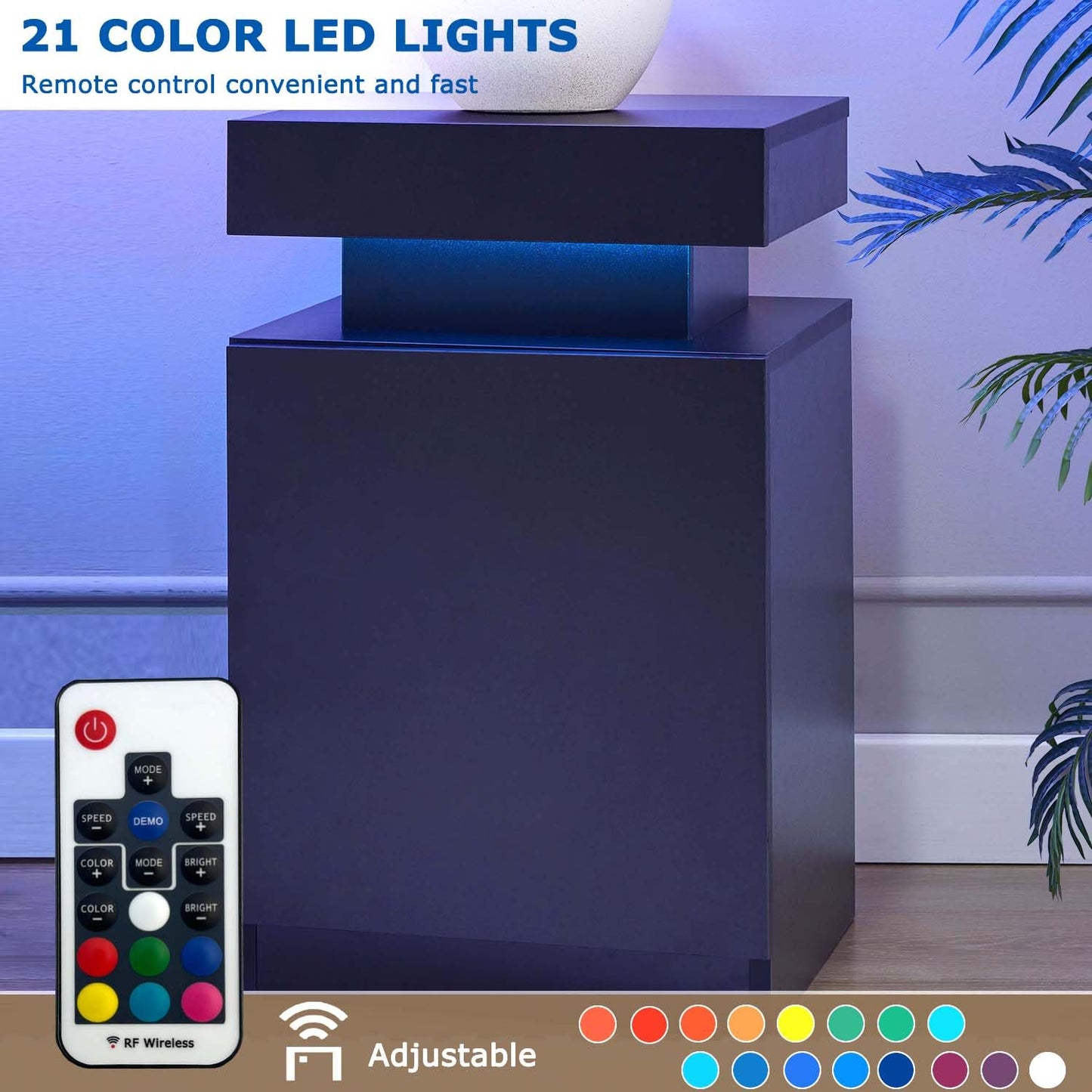 Black Nightstands with Set of 2, LED End Table Set with One Storage Cabinet, Modern Bedside Table with Door for Bedroom