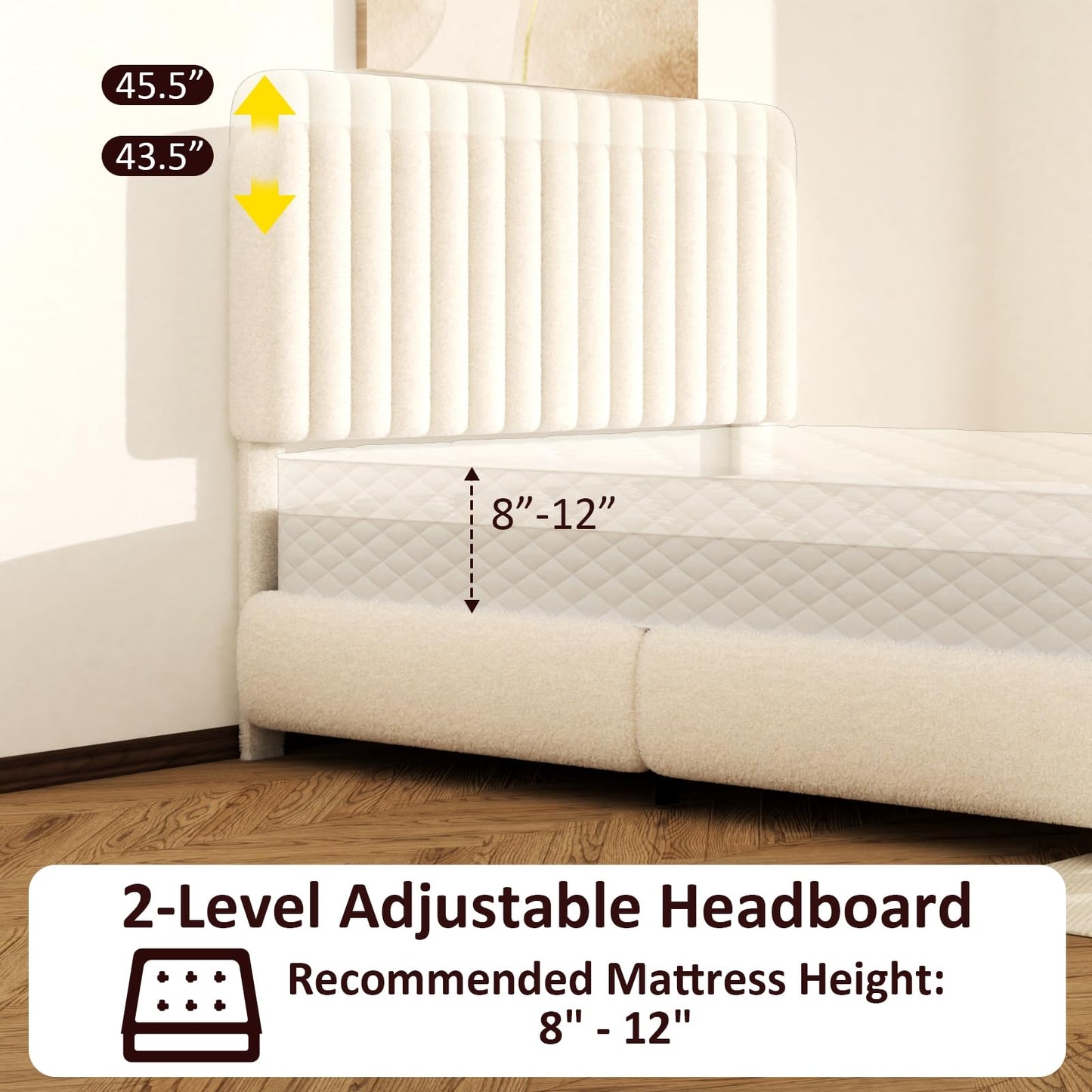 Konprosp Queen Boucle Bed Frame, Upholstered Cloud Platform Bed Frame with Adjustable Headboard, Vertical Tufted, Soft Rounded Corners, Beige