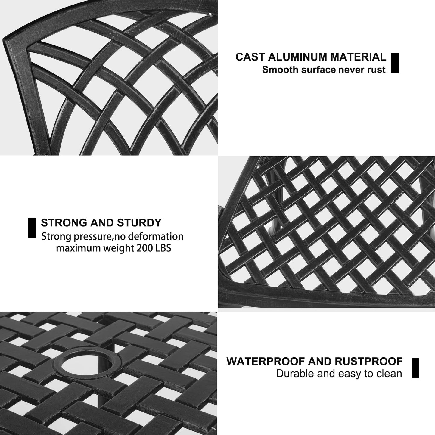 Polar Aurora 3 Piece Patio Bistro Set Cast Aluminum Bistro Table Set Outdoor Round Dining Table with Umbrella Hole for Porch, Lawn, Garden, Backyard, Pool,Black