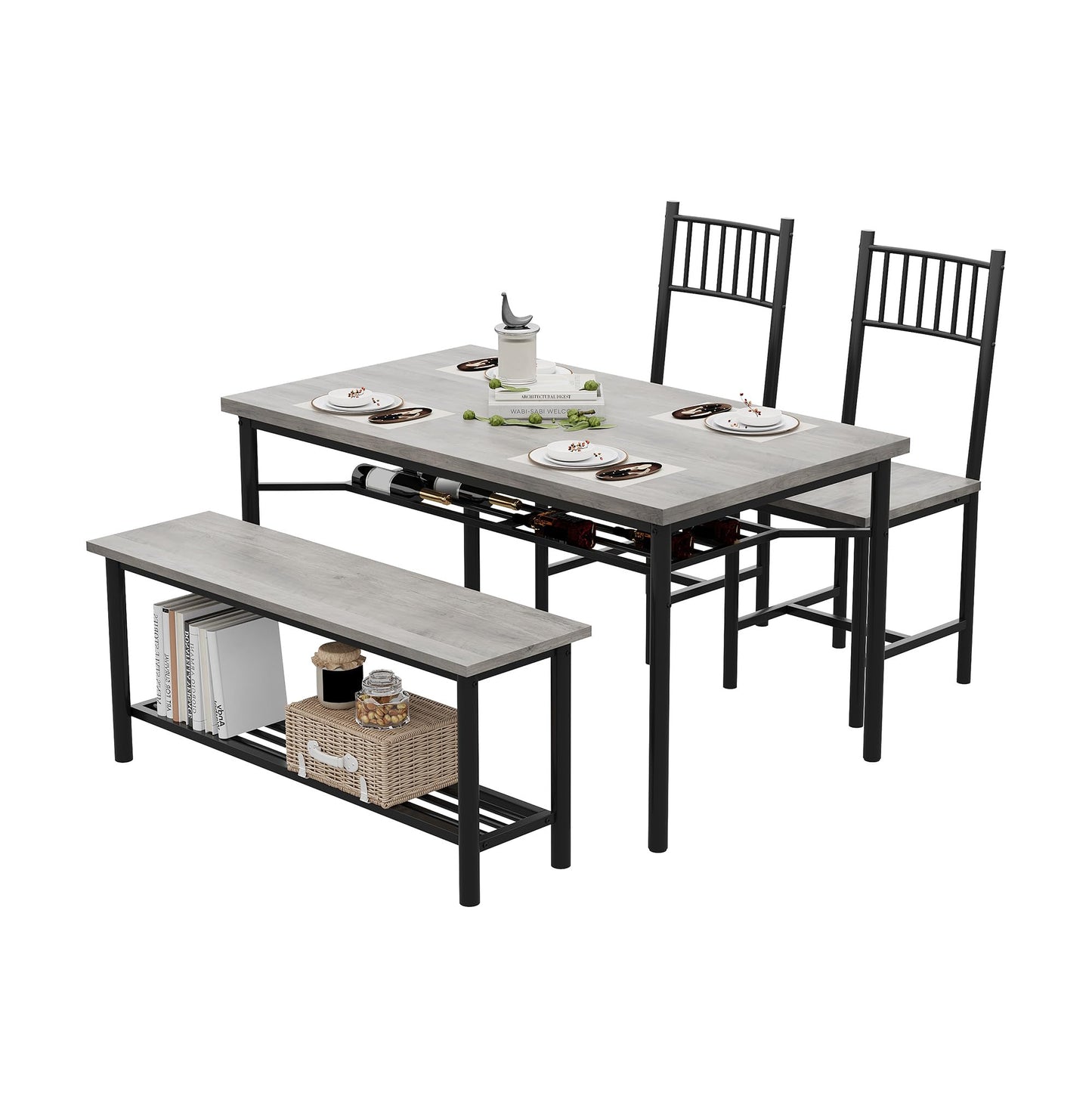 GAOMON Dining Table Set for 4 with Bench and 2 Chairs, Rectangular Kitchen Table Set with Wine Rack, Dining Room Table Set for 4 with Storage Benches for Small Space, Apartment, Rusric Grey