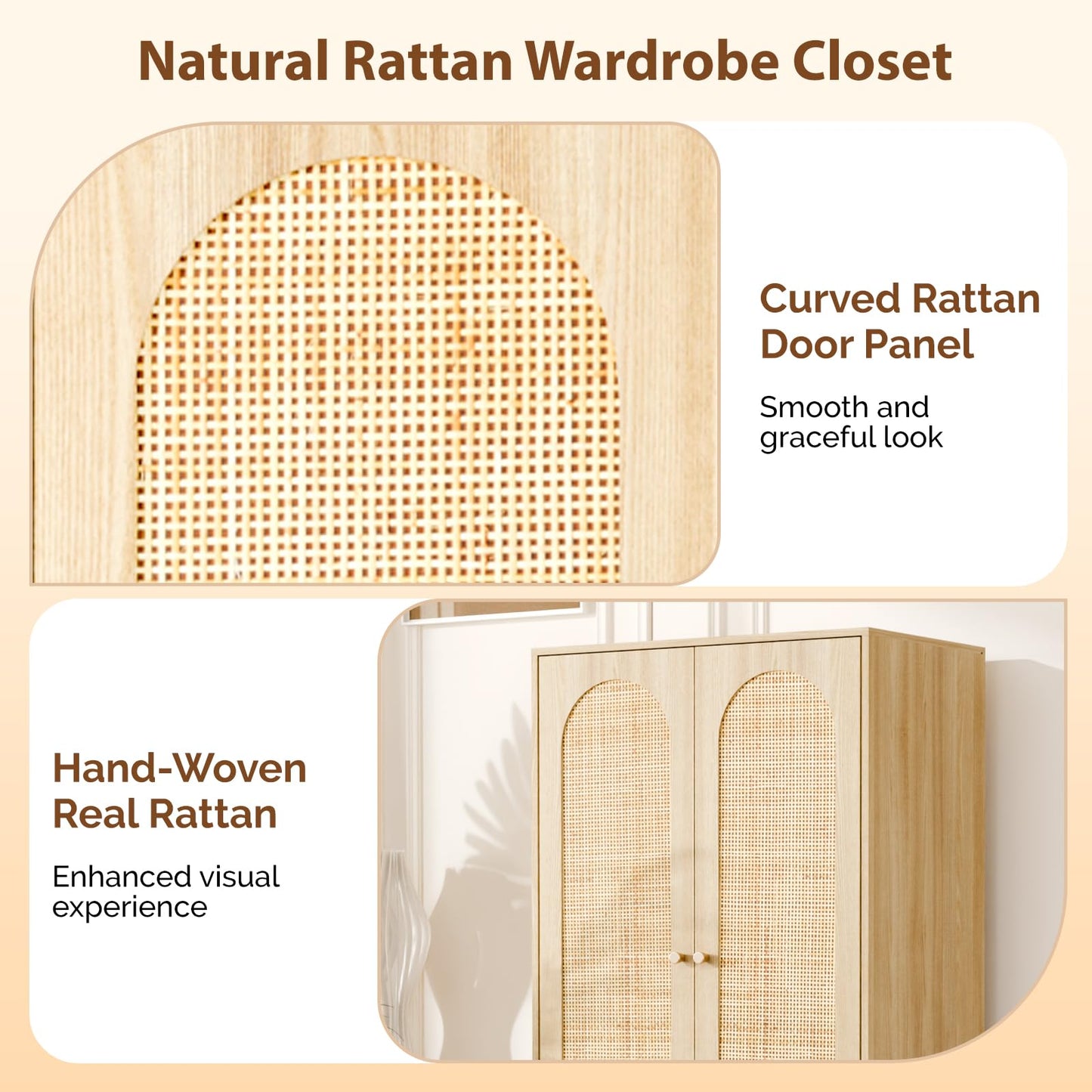 VINGLI Wardrobe Closet with Doors, Rattan Armoire Wardrobe Closet with Drawers & Hanging Rod, Wooden Armoire for Hanging Clothes, Natural Oak, 68.9" H