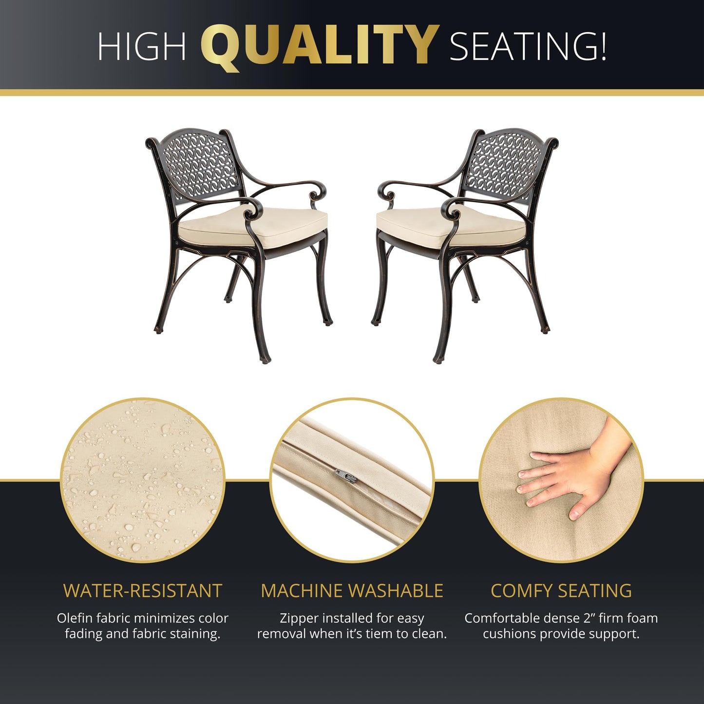 Kinger Home 5-Piece Cast Aluminum Outdoor Dining Furniture Set for 4, Round Patio Table and Chairs for 4 with Cushions, Outdoor Furniture Set with Umbrella Hole, All-Weather Patio Dining Set