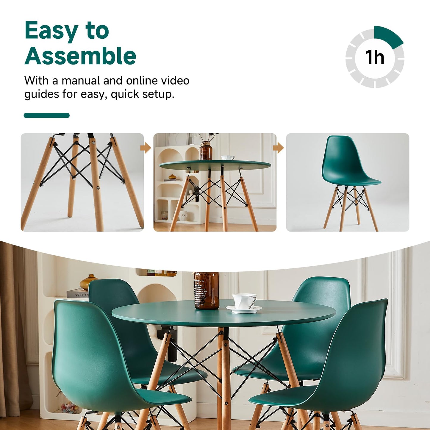 Yuqunfur Round Dining Table Set for 4 35.5" Wood Dinner Table Circle Dining Table Kitchen Table Chairs Set of 4 with Wood Strip Base for Kitchen Living Room Space Saving Apartment(Green)