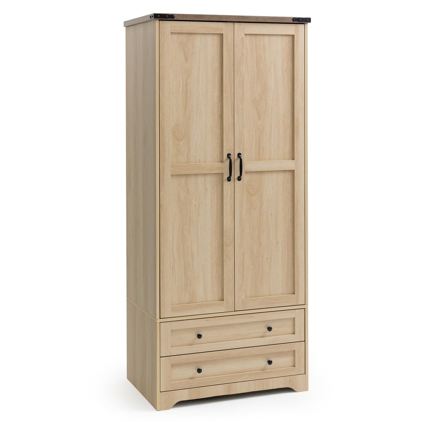 Yechen 71" Wooden Armoire Wardrobe Closet - Modern Functional Clothes Tall Storage Cabinet with Adjustable Shelf and Hanging Rail, Sturdy Freestanding Closet Wardrobe with 2 Wide Drawers (Natural)