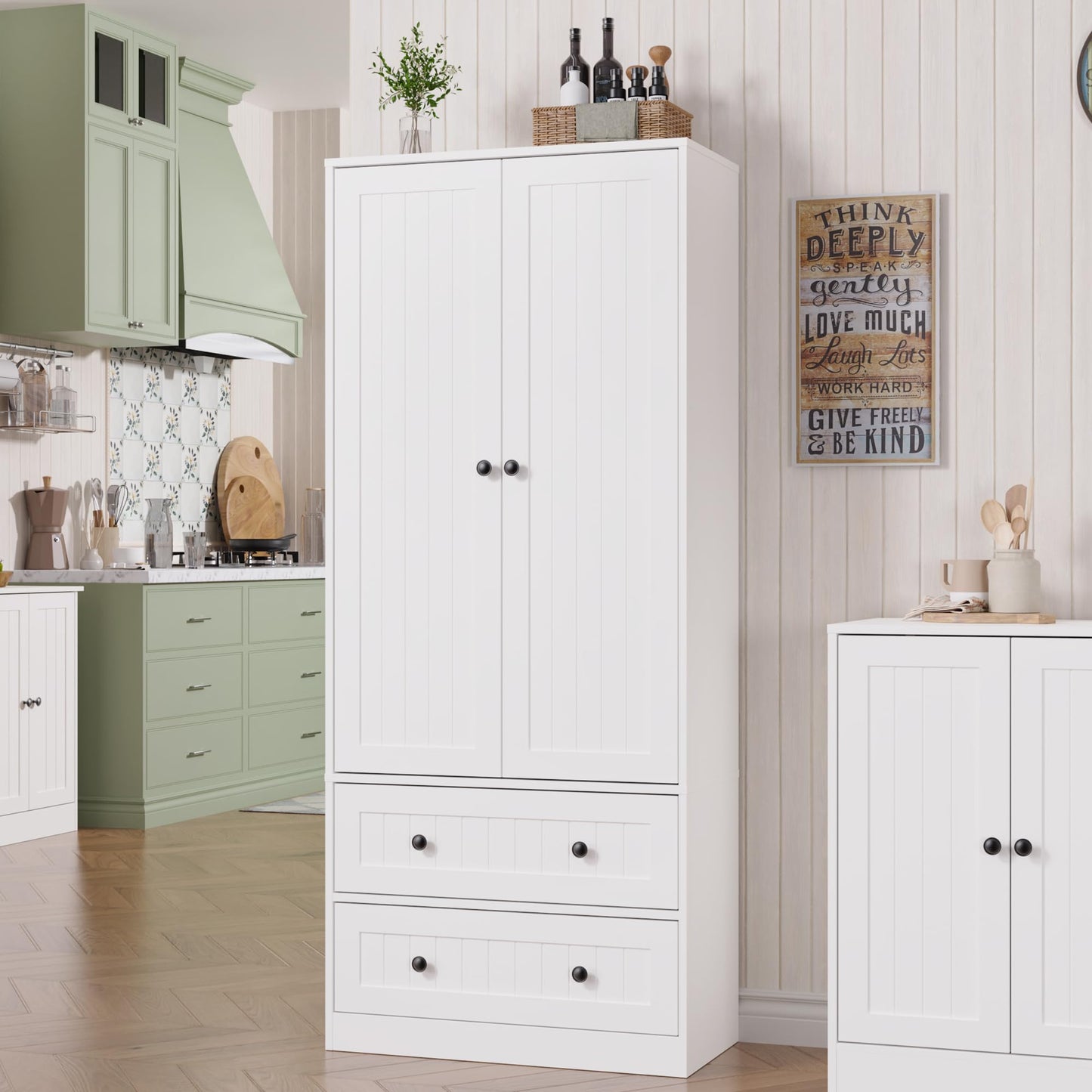 Furnify 65" H Storage Cabinet with 2 Drawers, Farmhouse Kitchen Pantry Cabinet with 2 Doors & Adjustable Shelf, Handbag Storage Organizer for Living Room, Bathroom, Kitchen, White