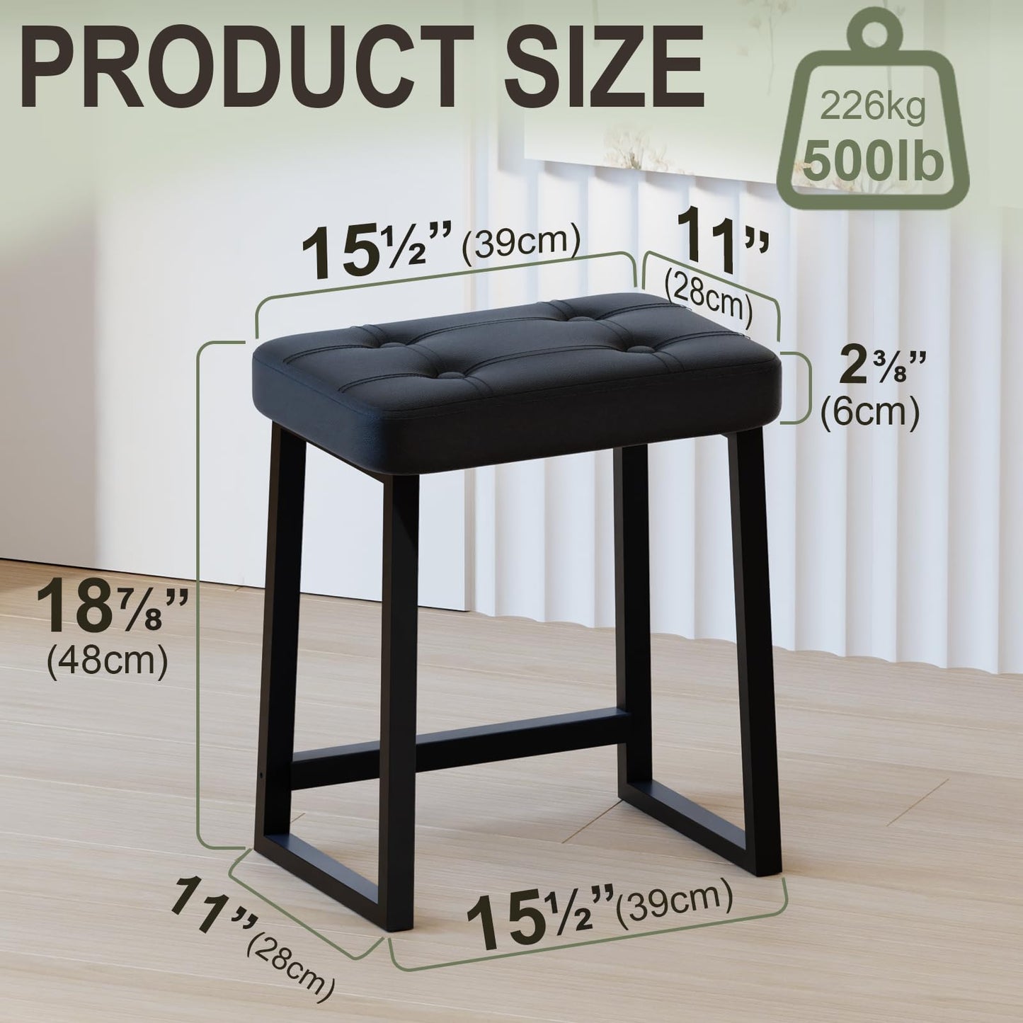 iTsst Vanity Stool Chair, Makeup Stool for Vanity,Small Ottoman Footrest for Bathroom, Bedroom, Living Room, Entryway, Offices，Leather &Metal Legs with Anti-Slip Feet, Black