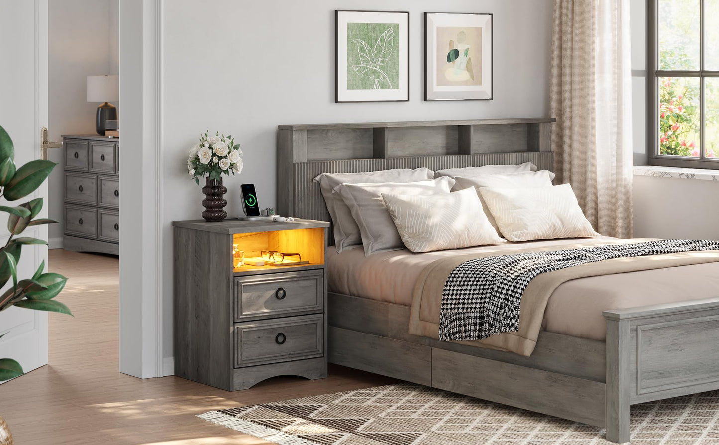 LGHM Nightstand with Strip Lights,USB Outlets Set of 2, Night Stand with Drawers, Accent Bed Side Table and End Table with Open Storage for Bedroom, Living Room,Gray