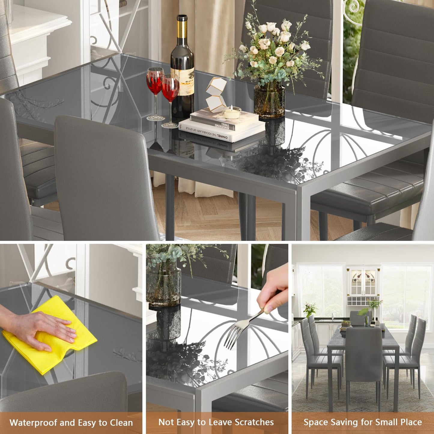 Recaceik Glass Dining Table Sets for 6, 7 Piece Kitchen Table and Chairs Set for 6 Person, Tempered Glass Table and PU Leather Chairs Modern Dining Room Sets for Small Space