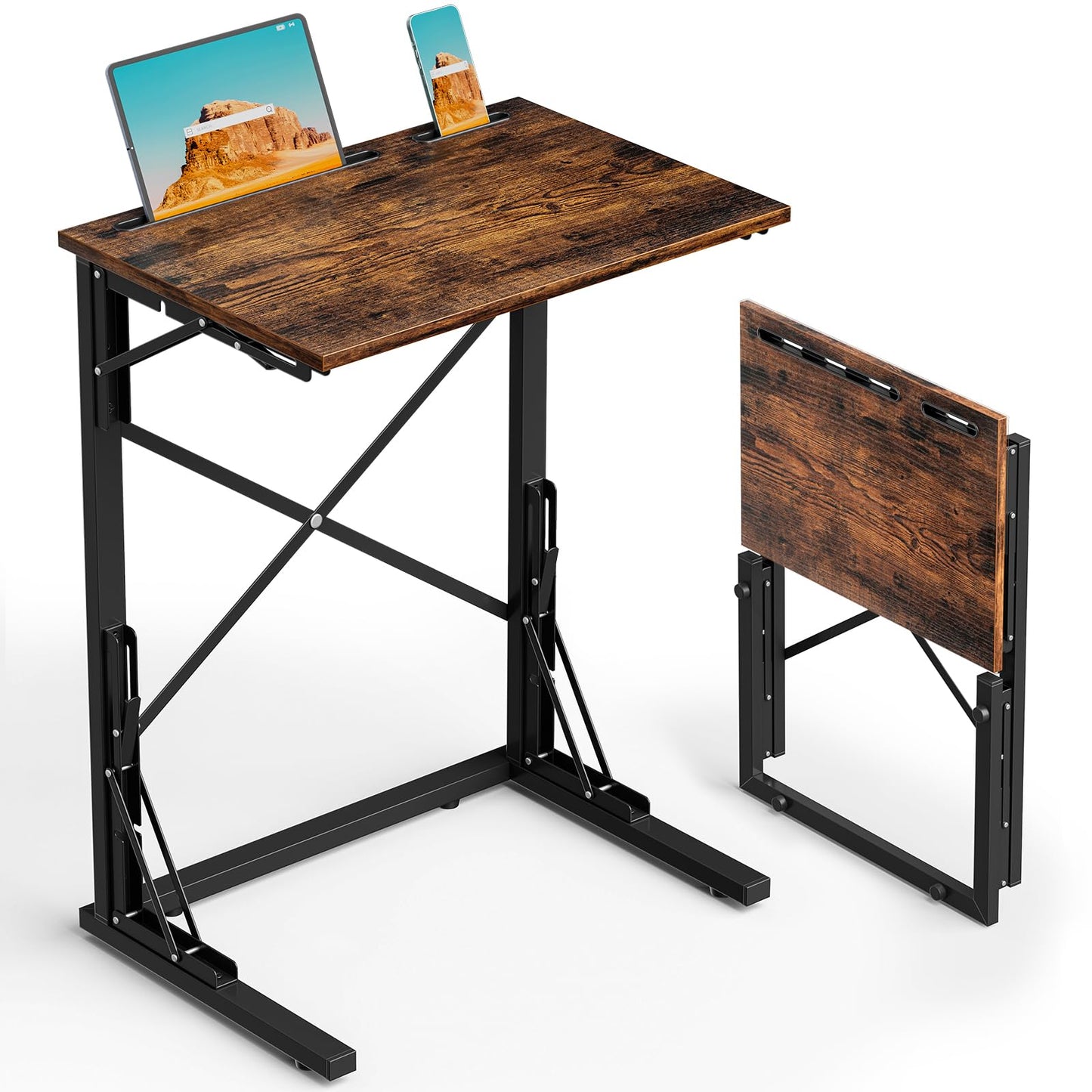 Evermagin 21''Wx28''H Folding TV Tray, Small Foldable C-Shaped End Table for Eating with Tablet and Phone Slots, Slide Under Couch Side Table for Recliner, Living Room, Bedroom, Rustic Brown