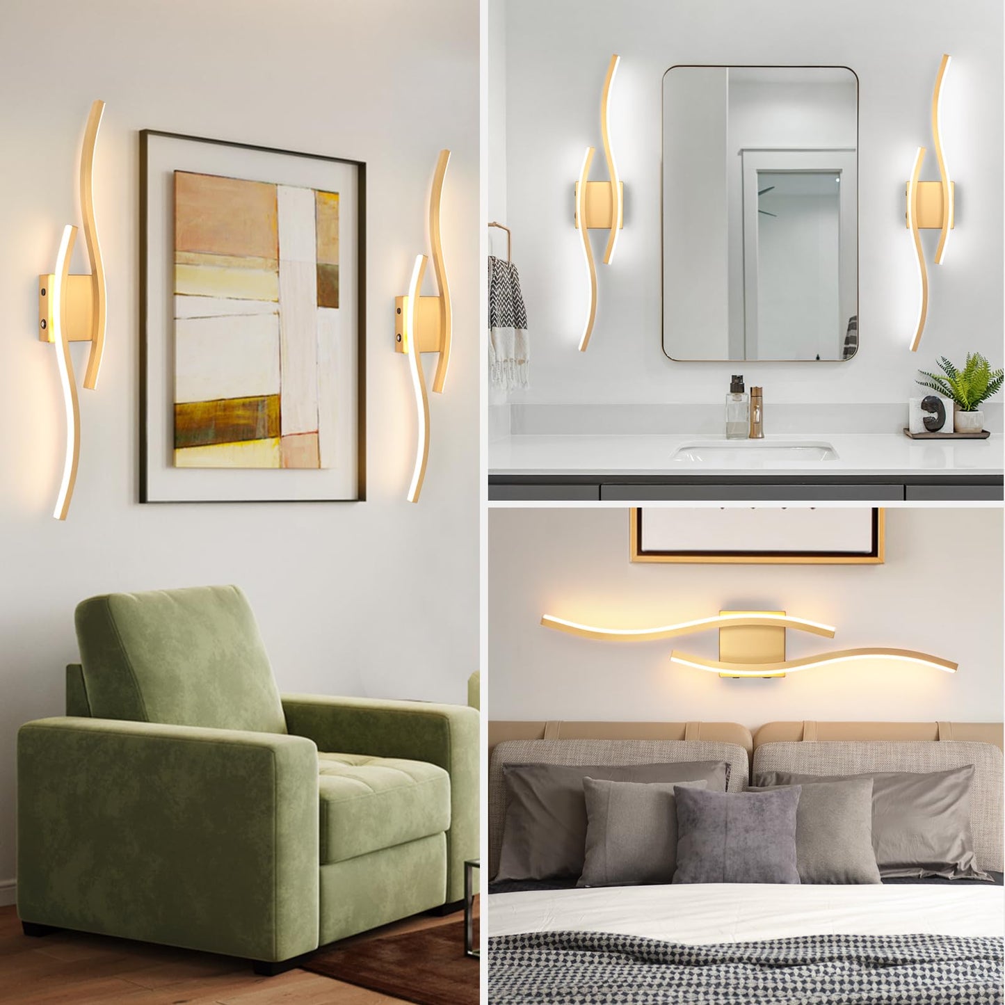EIDEARAY Modern LED Wall Sconce Set of Two, Battery Powered Wall Sconces Set of 2 with Timer, Gold Wall Light with Remote, LED Wall Lamp Indoor not Hardwired for Bathroom Living Room Bedroom Corridor