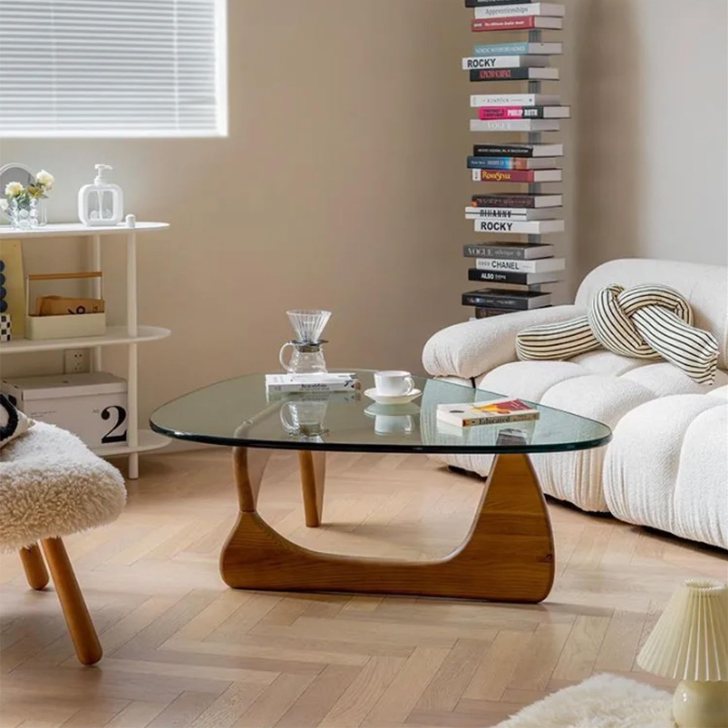 EASYSOUL Modern Glass Coffee Table, 32.68" D x 22.44" W x 15.75" H, Abstract Round Tea Tables for Living Room Home Office Industrial Cocktail Tables (Walnut-Clear Glass, 32.68")