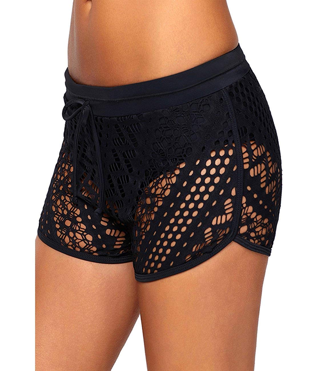 Kamviluer Women's Hollow Out Lace Swimsuit Bottoms Solid Stretch Shorts Swim Beach Boardshorts Black a
