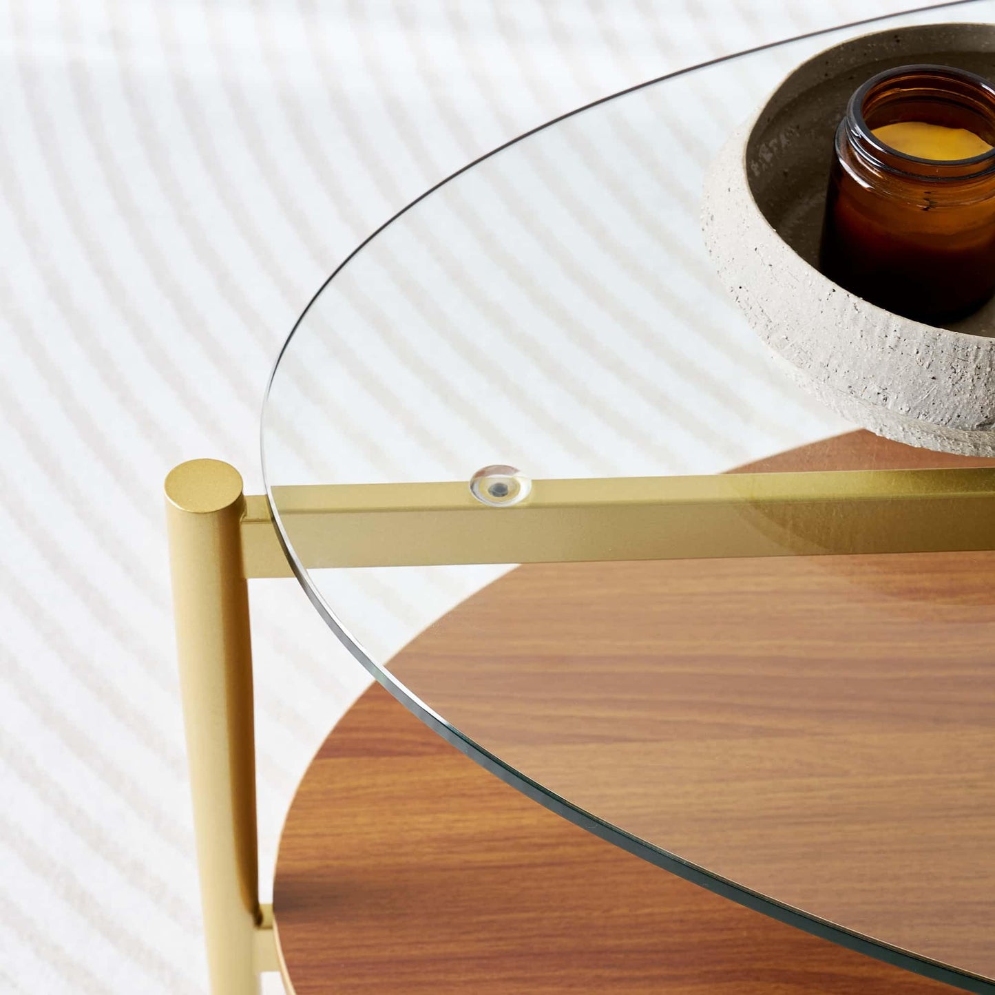 LumFurn Oval Glass Coffee Table, Mid-Century Modern Design, L43 x W22 x H17 inch, 2-Tier Structure, Olive Shaped Clear Glass Top and Walnut Finish Wood Shelf, Tapered Legs with Gold Finish Frame