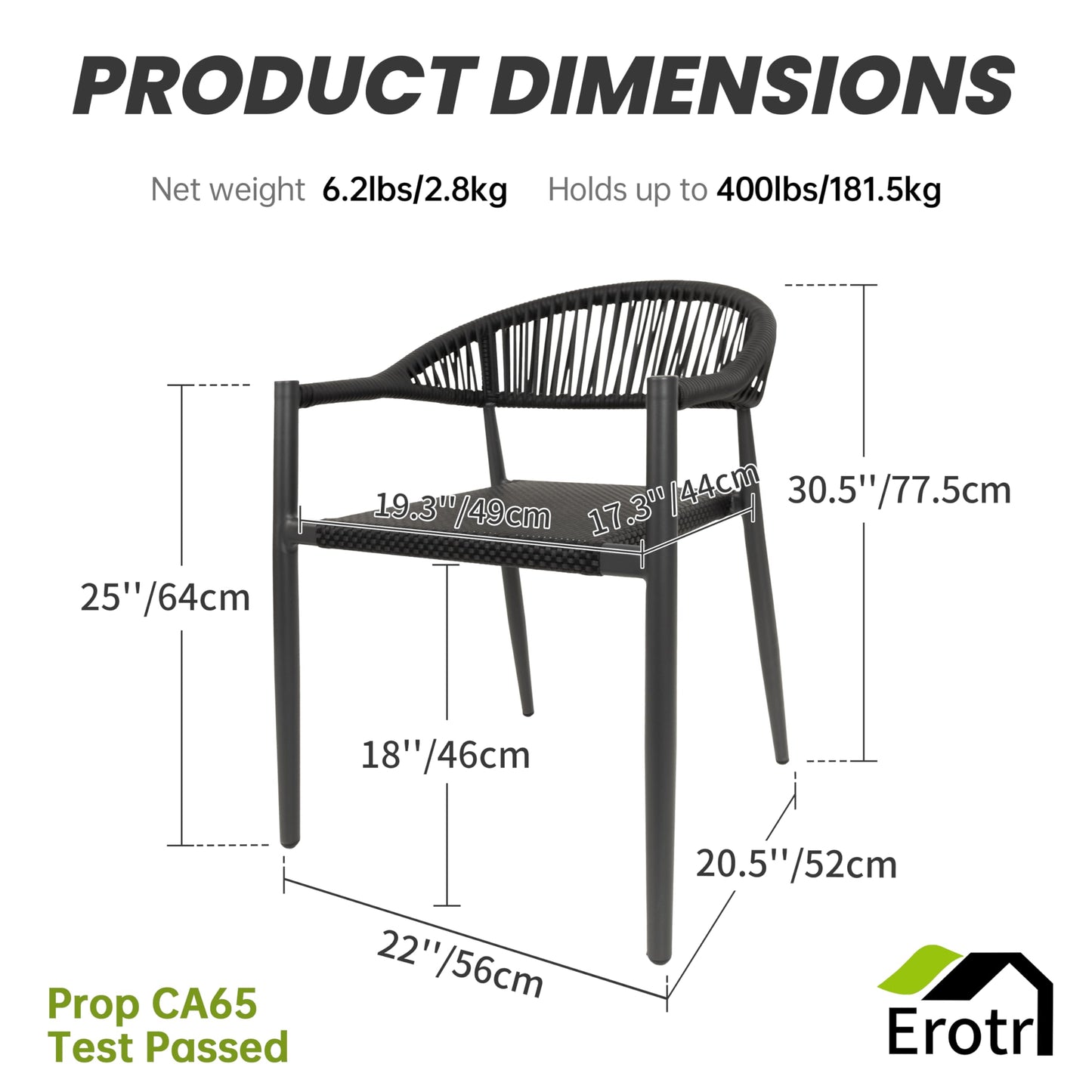 Erotr 4 Pcs Stackable Patio Dining Chairs, Aluminum Rattan Outdoor Dining Chair with Arms, Woven Rope Garden Armchair Metal No Assembly for Bistro Balcony Porch Deck Yard Cafe Restaurant, Black