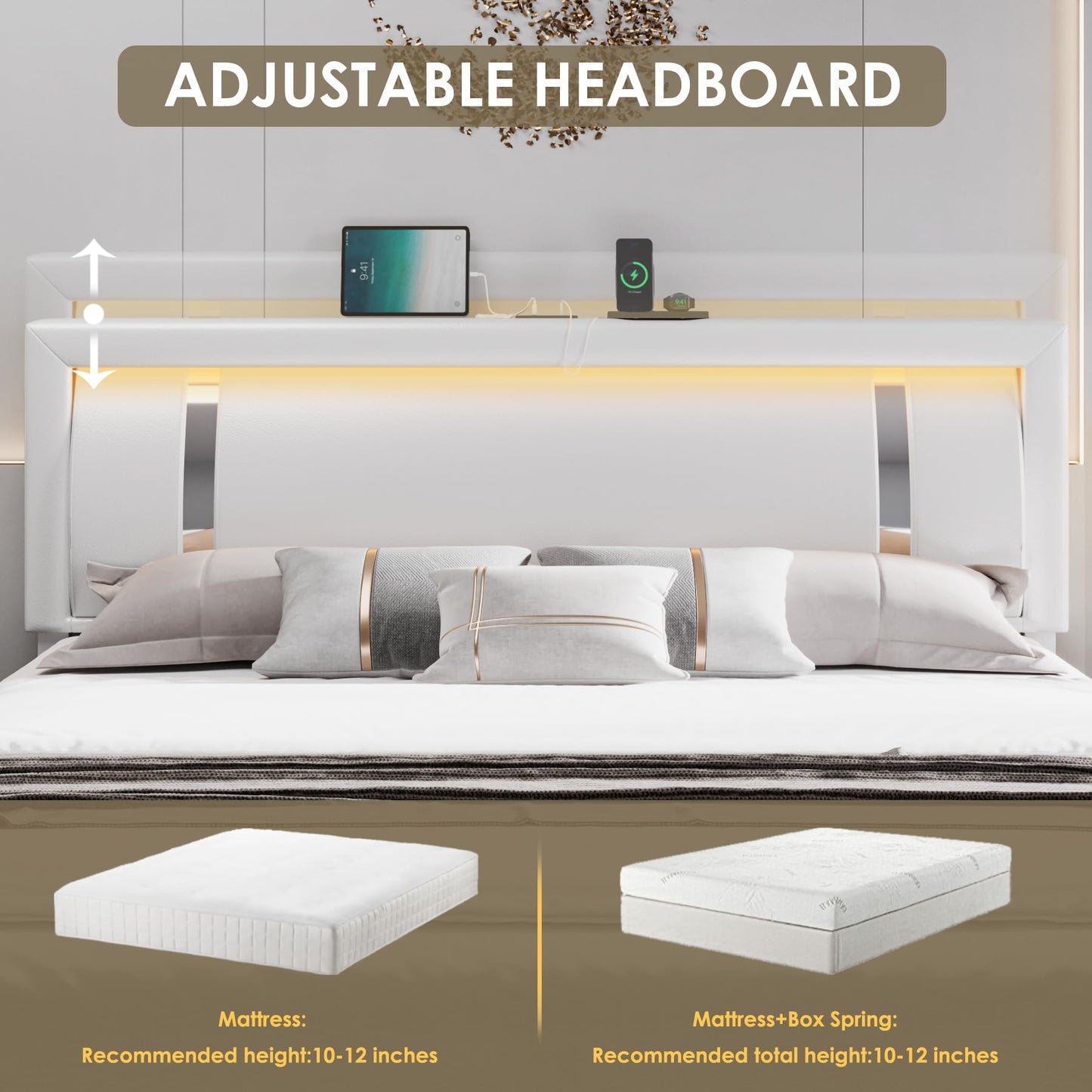 Keyluv Queen Bed Frame with RGB LED Lights Headboard & 2 Storage Drawers, Modern Upholstered Faux Leather Smart Platform Iron Metal Decor, USB USB-C Charging Ports, No Box Spring Needed, White
