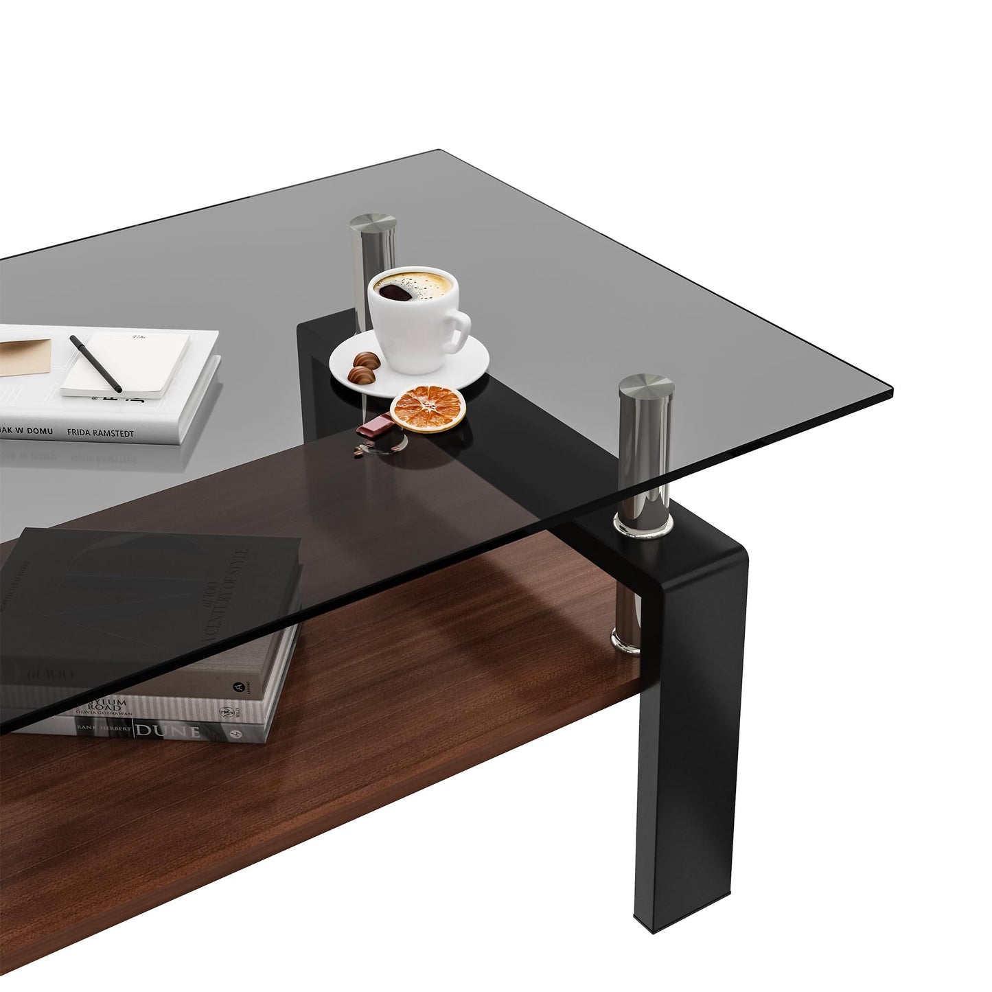 IANIYA Rectangle Tempered Glass Coffee Table, Rectangle Living Room Center Table, Modern Tea Table with Tempered Glass Tabletop and Wood Layer (1, Gray)